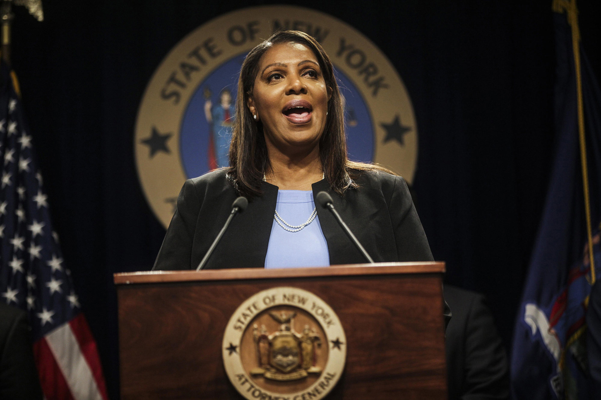 New York State Attorney General Letitia James speaks at a news conference in Manhattan in March 2019. Photo: TNS