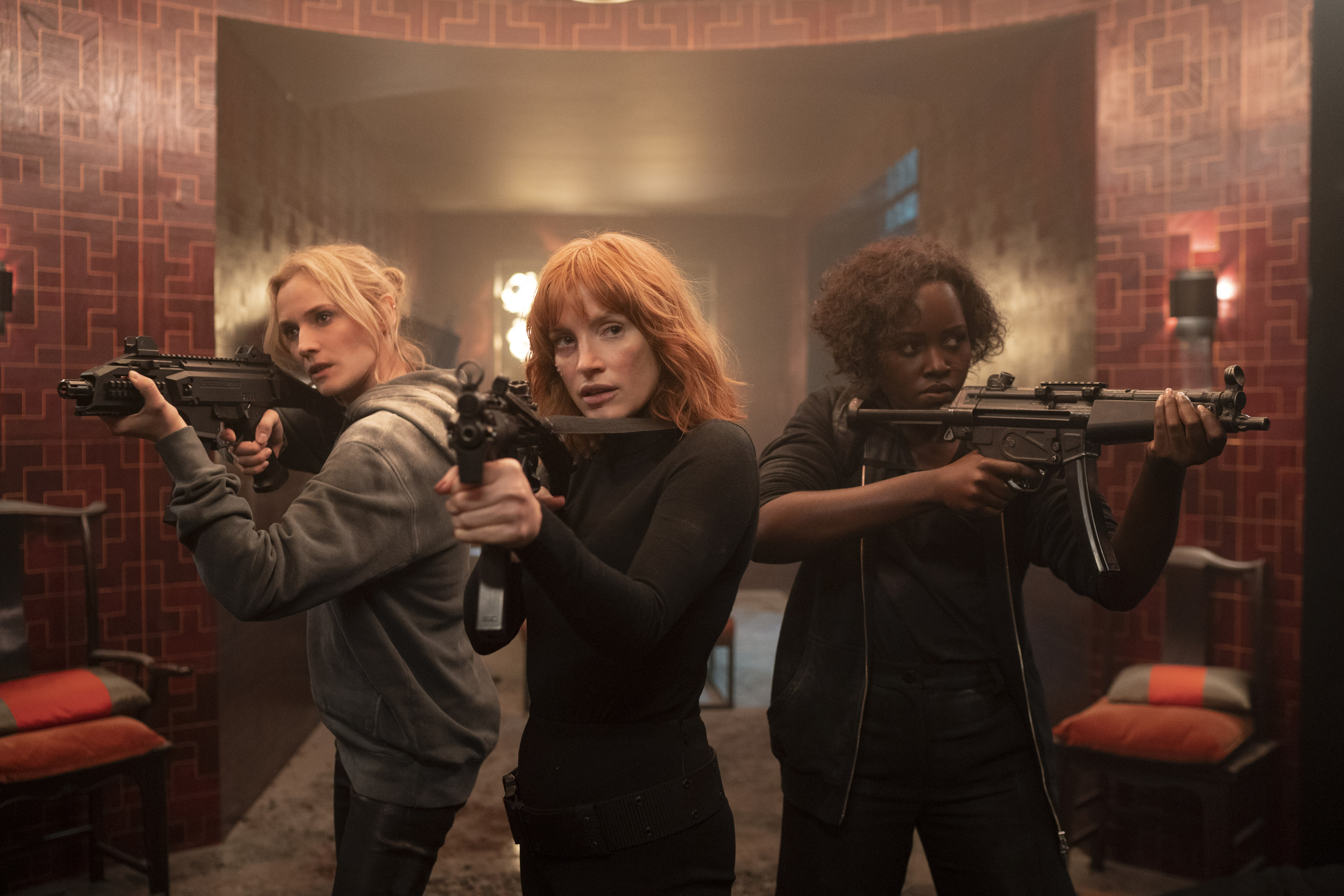 (From left) Diane Kruger, Jessica Chastain and Lupita Nyong’o in a still from The 355, co-written and directed by Simon Kinberg.
