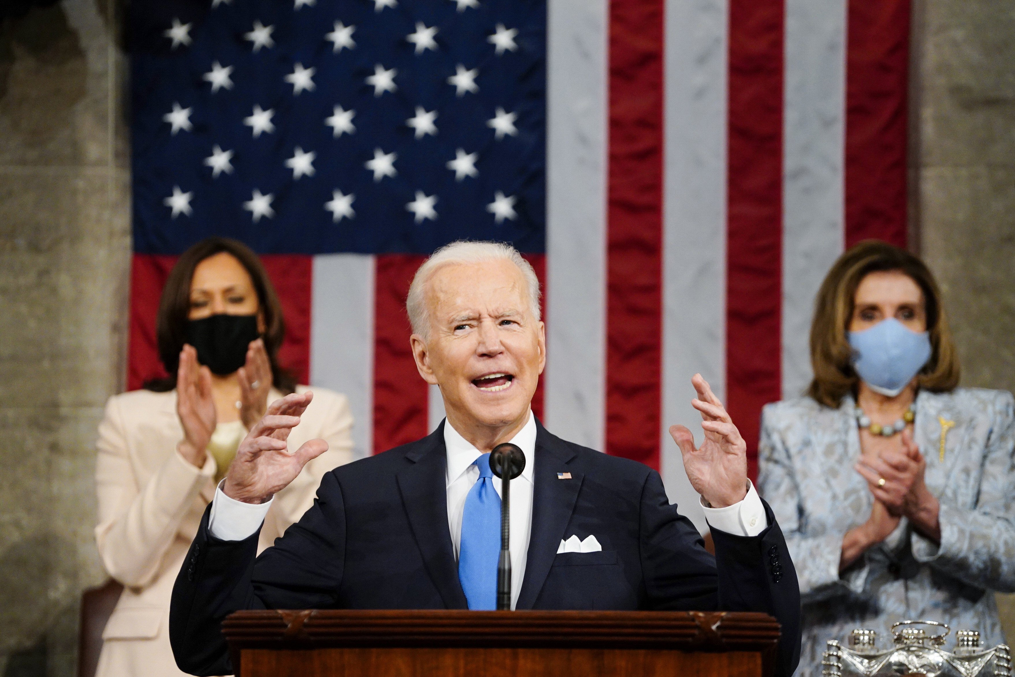 US President Joe Biden addresses a joint session of Congress in the House Chamber at the US Capitol on April 28, 2021. Biden faces one of his toughest challenges yet as president as he tries to foster healing and unity in a bitterly divided country. Photo: AP