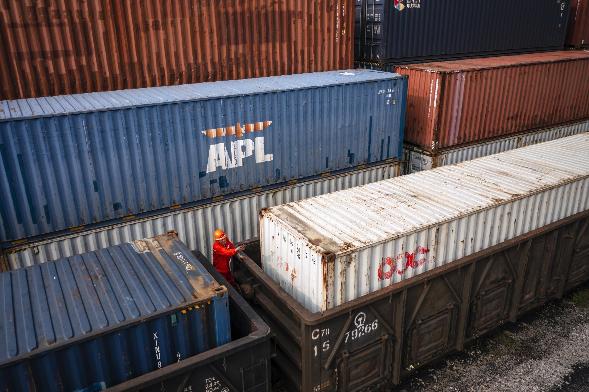 Containers are loaded onto a train to Kazakhstan in the China-Kazakhstan Logistic Base in Lianyungang, Jiangsu province, on September 17 last year. The base is an important seaport for Kazakhstan export and provides efficient transit for cargo and consumer goods from the Central Asian country. Photo: EPA-EFE