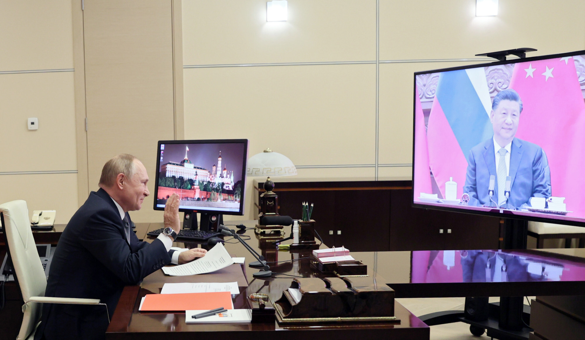 Russian President Vladimir Putin gestures during his videoconference with Chinese President Xi Jinping in Moscow on December 15 last year. Photo: Kremlin Pool Photo via AP