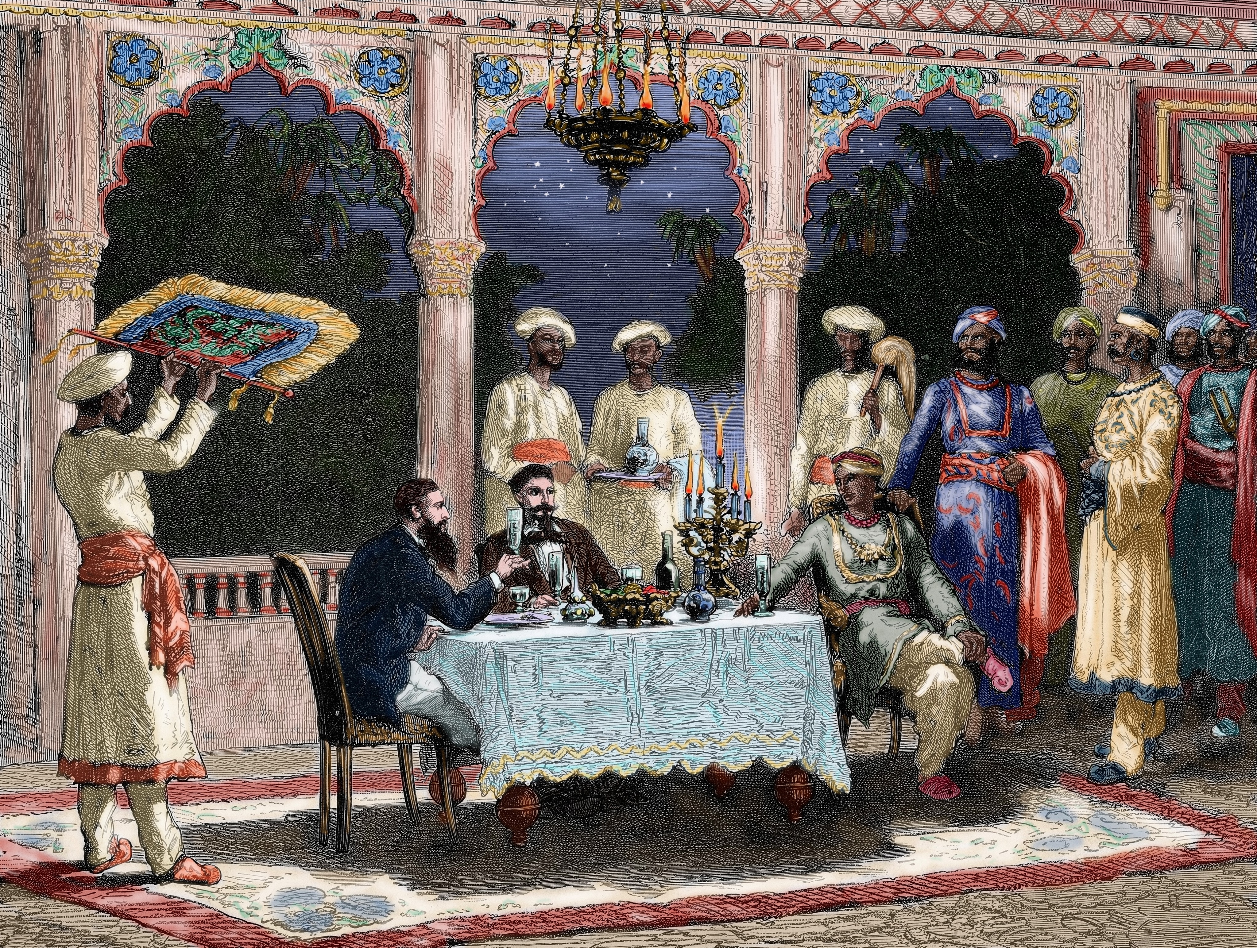 An 1882 engraving depicts a banquet in a palace in India. Hong Kong borrowed heavily from Indian building designs to help keep cool in scorching summers before air conditioning was invented. Photo: Universal Images Group via Getty Images