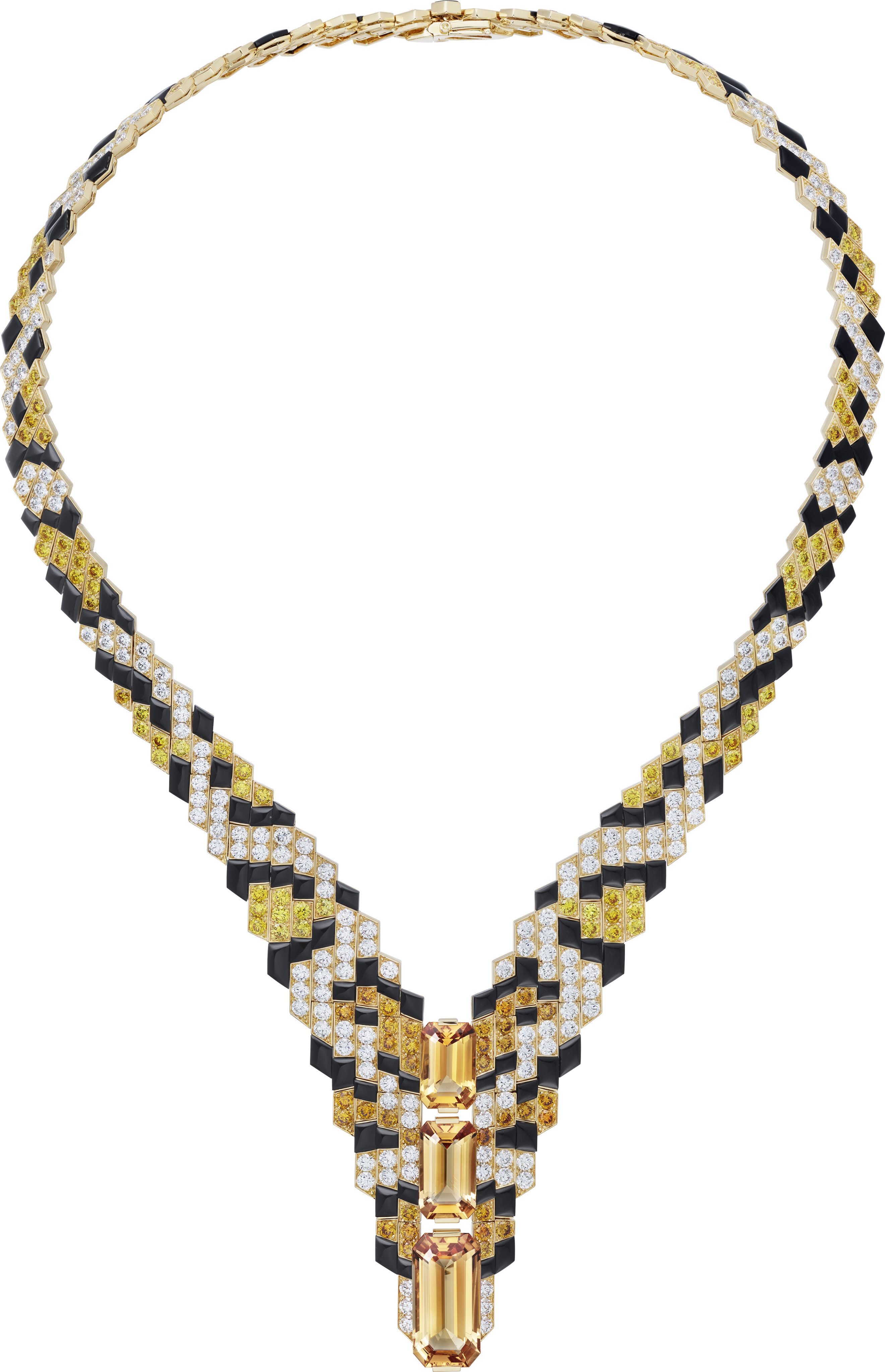 The Pixelage necklace features 27.34 carats of topazes with polished onyx and white, yellow and orange diamonds.