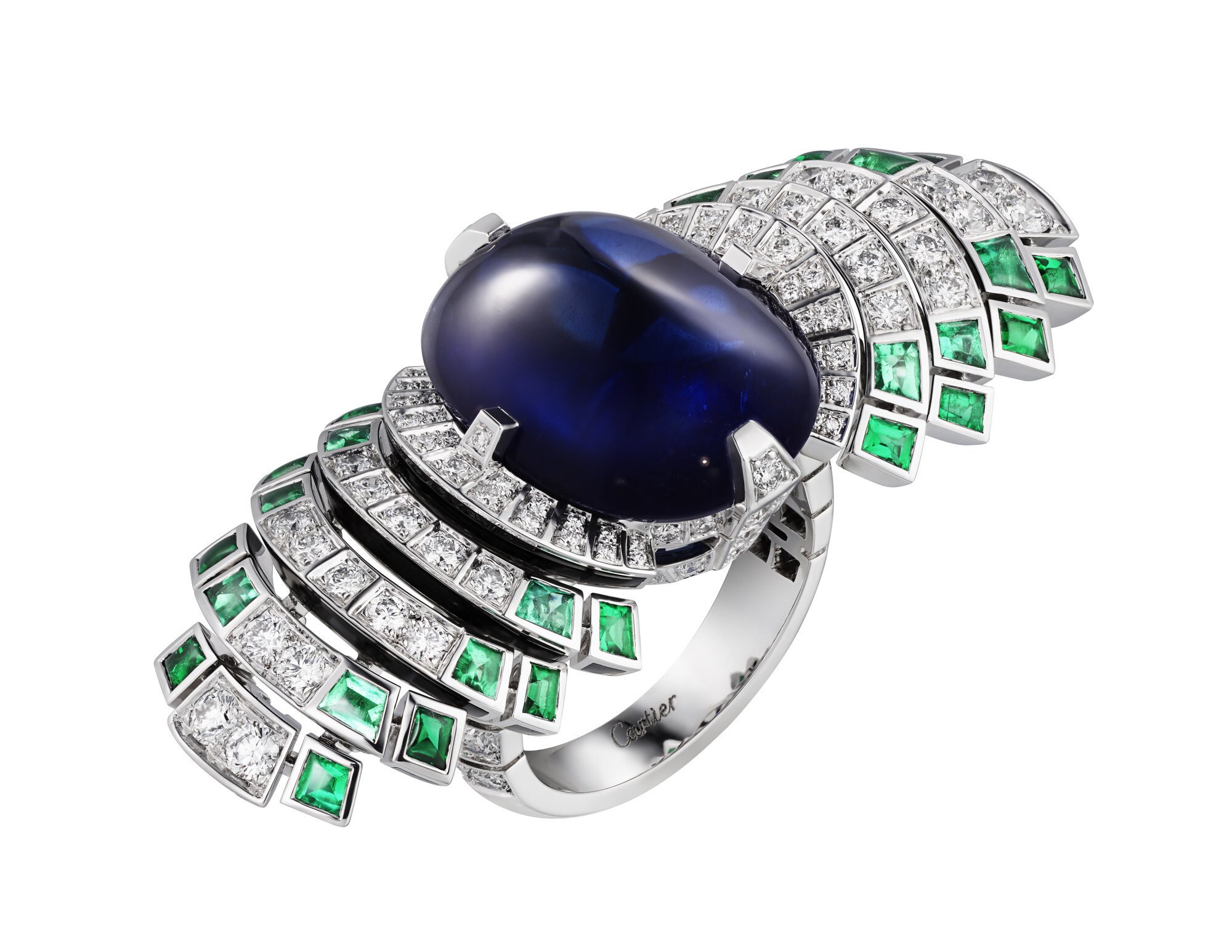 Cartier’s Parhelia ring from the brand’s Sixième Sens collection displays an intense blue 21.51-carat sapphire cabochon at its centre.