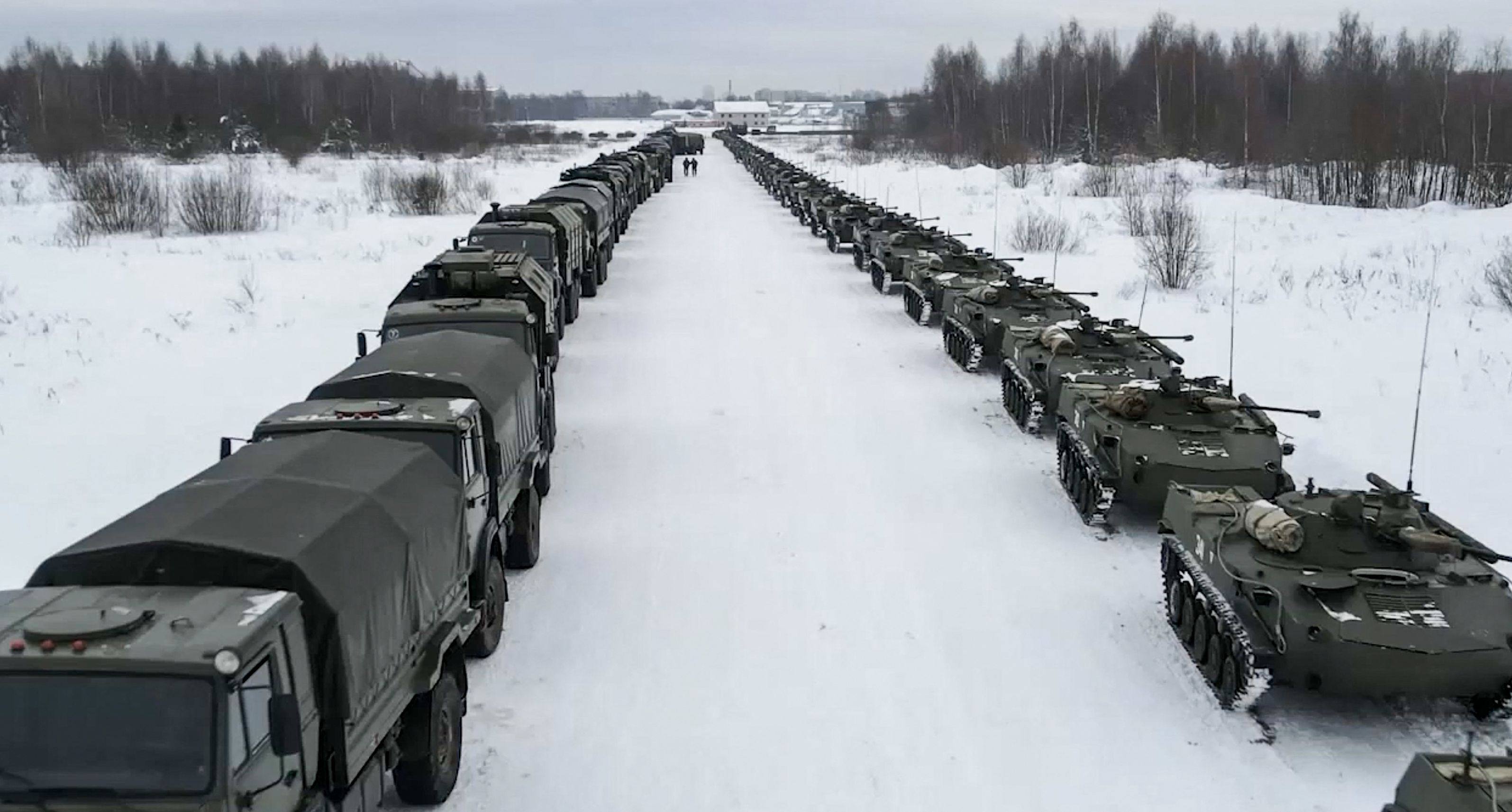 Russian military vehicles queue outside Ivanovo airport, in central Russia, on January 6 before their flight to Kazakhstan. Photo:  AFP/Russian Defence Ministry
