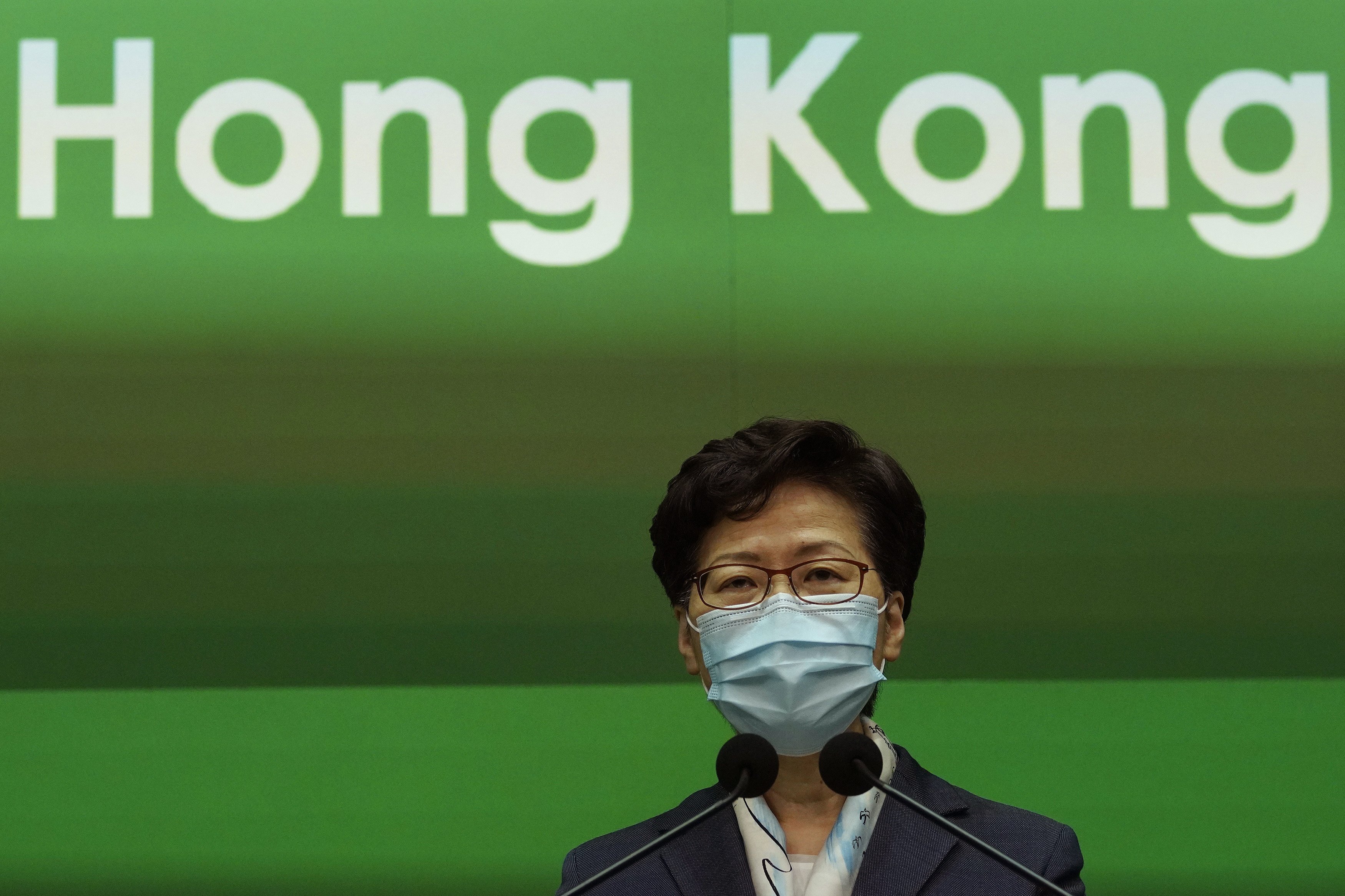 Chief Executive Carrie Lam listens to reporters’ questions during a press conference on May 5, 2020. Photo: AP