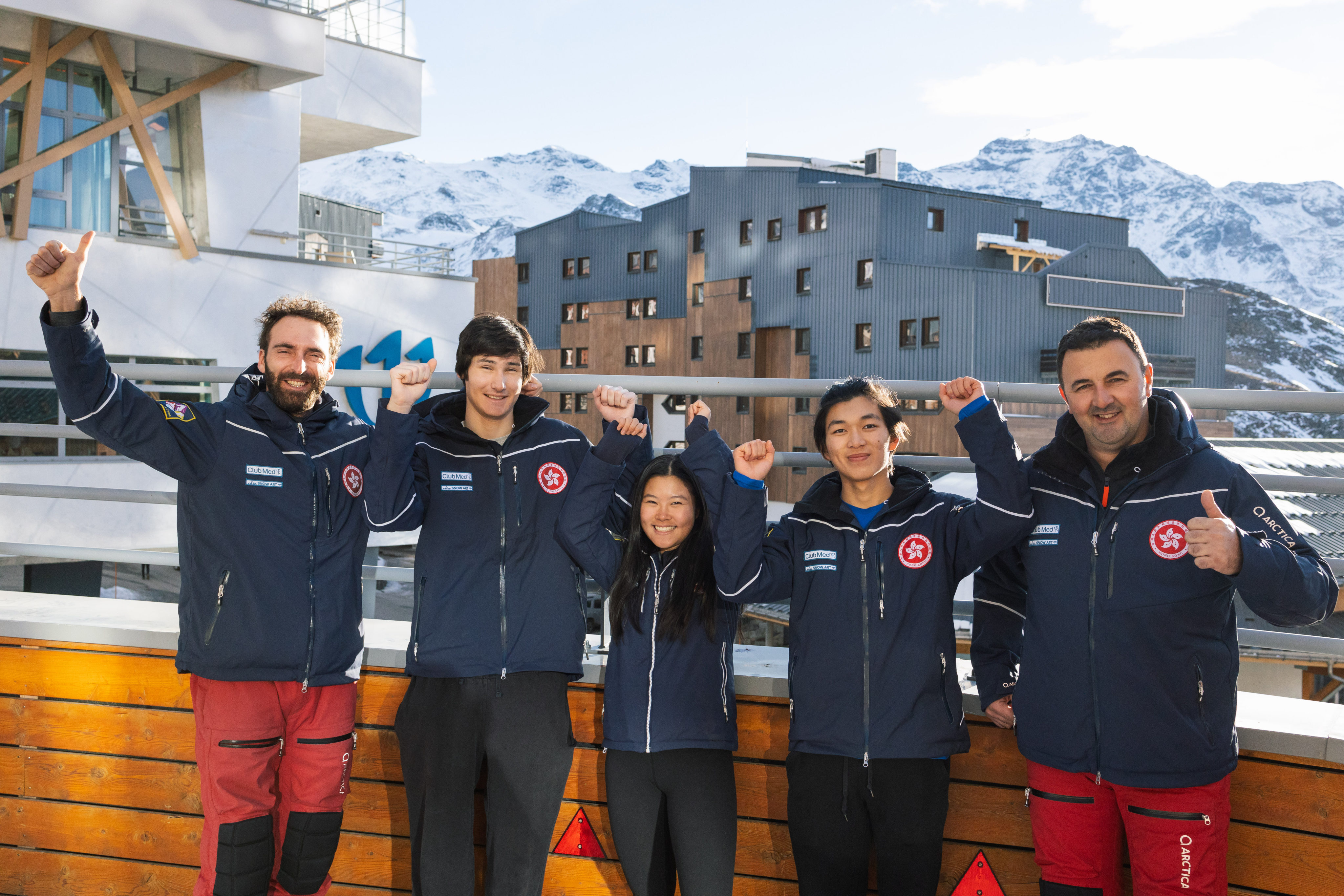 Hong Kong ski head coach Marko Rudic (left) and coaching staff with athlete Audrey King (middle) and Adrian Yung (second from right) after an Olympics training camp in Europe. Photo: Skiing Association of Hong Kong   