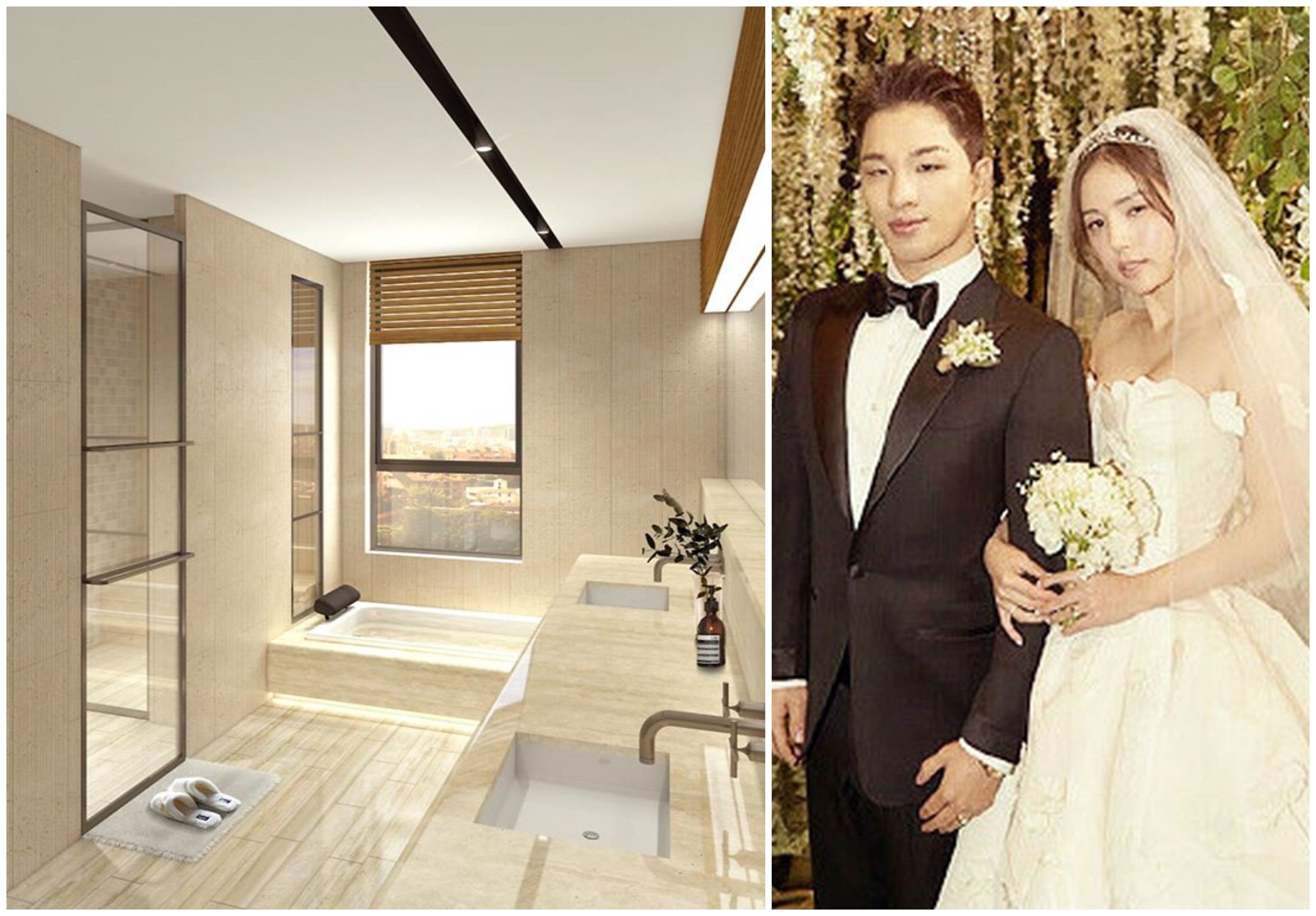 Taeyang and Min Hyo-rin, and what the bathroom of their new home could look like. Photos: Janghak Paarc Hannam/YG Entertainment