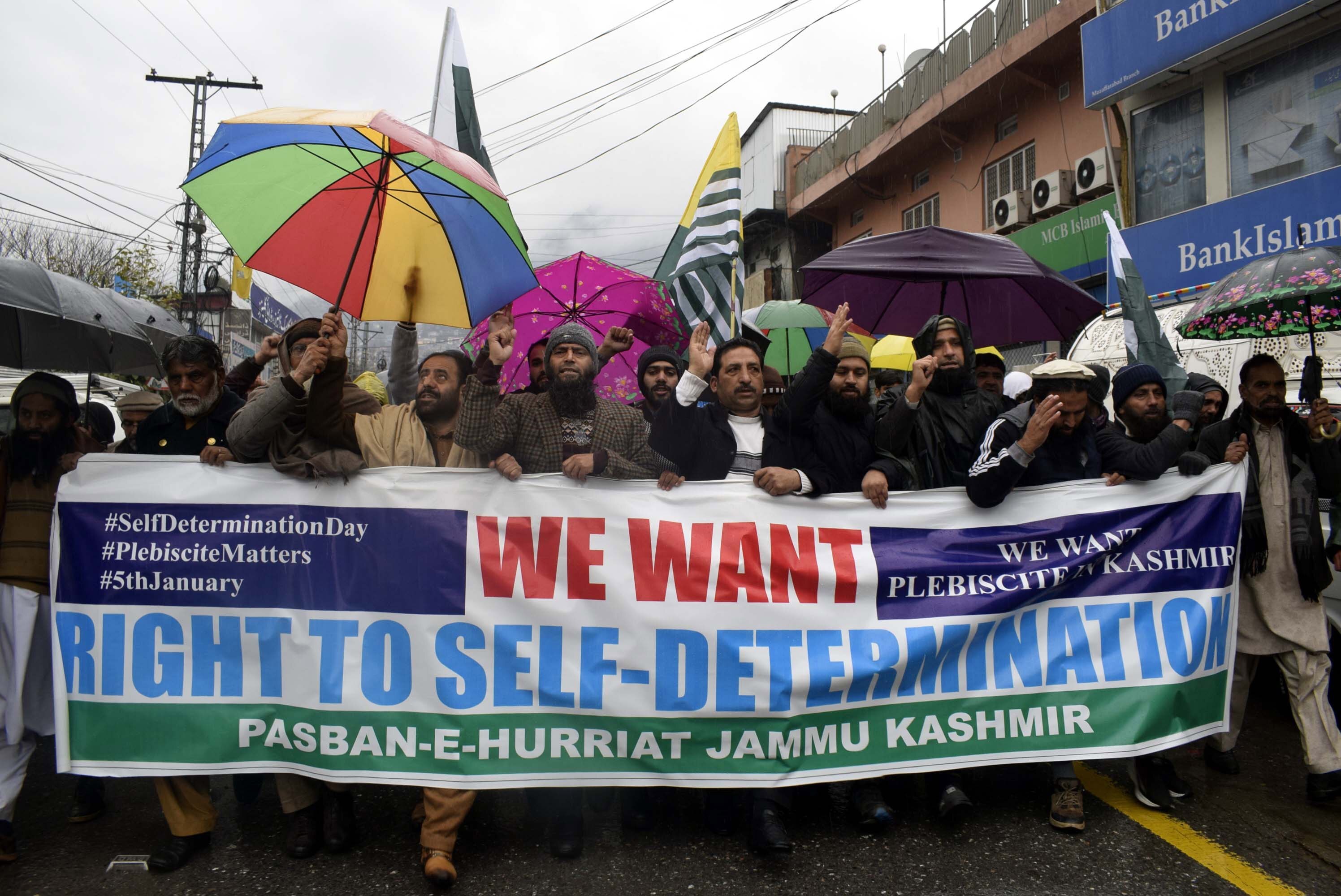 Kashmiris hold placards and shout anti-India slogans during a protest to show solidarity with the people of Indian- administered Kashmir in Muzaffarabad, Pakistani administered Kashmir, this month. The area has been the subject of a sovereignty dispute between Pakistan and India for decades and is a key reason why the two nations have a difficult relationship. Photo: EPA-EFE
