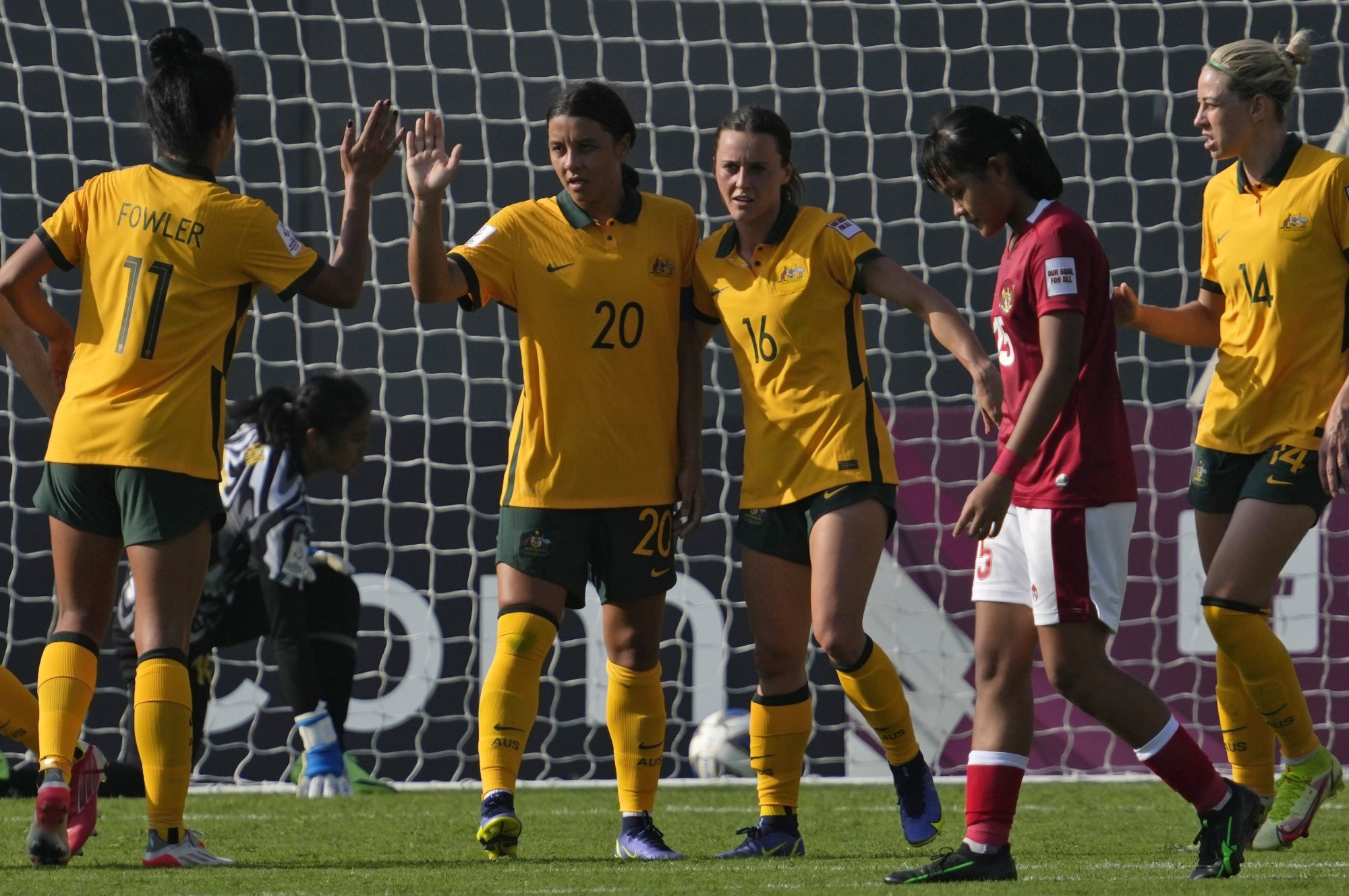 Australia’s Sam Kerr (centre) celebrates after scoring a goal in an AFC Women’s Asian Cup 2022 group game against Indonesia in Mumbai, India. Photo: AP