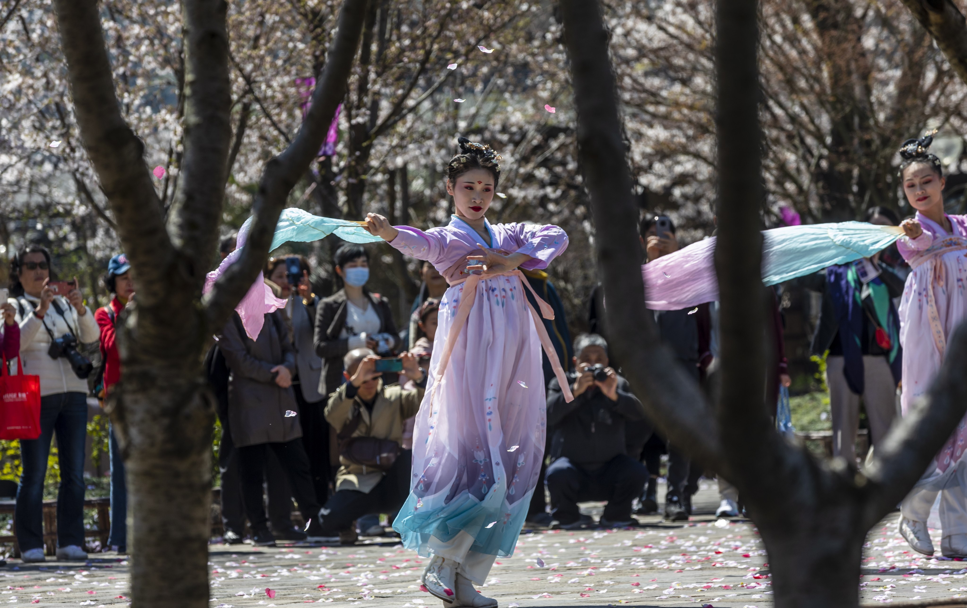 Women in traditional Chinese Hanfu attire dance for visitors to celebrate the Cherry Blossoms Festival in Nianhuawan, a town near Wuxi city, Jiangsu province, on March 22, 2021. Photo: EPA-EFE