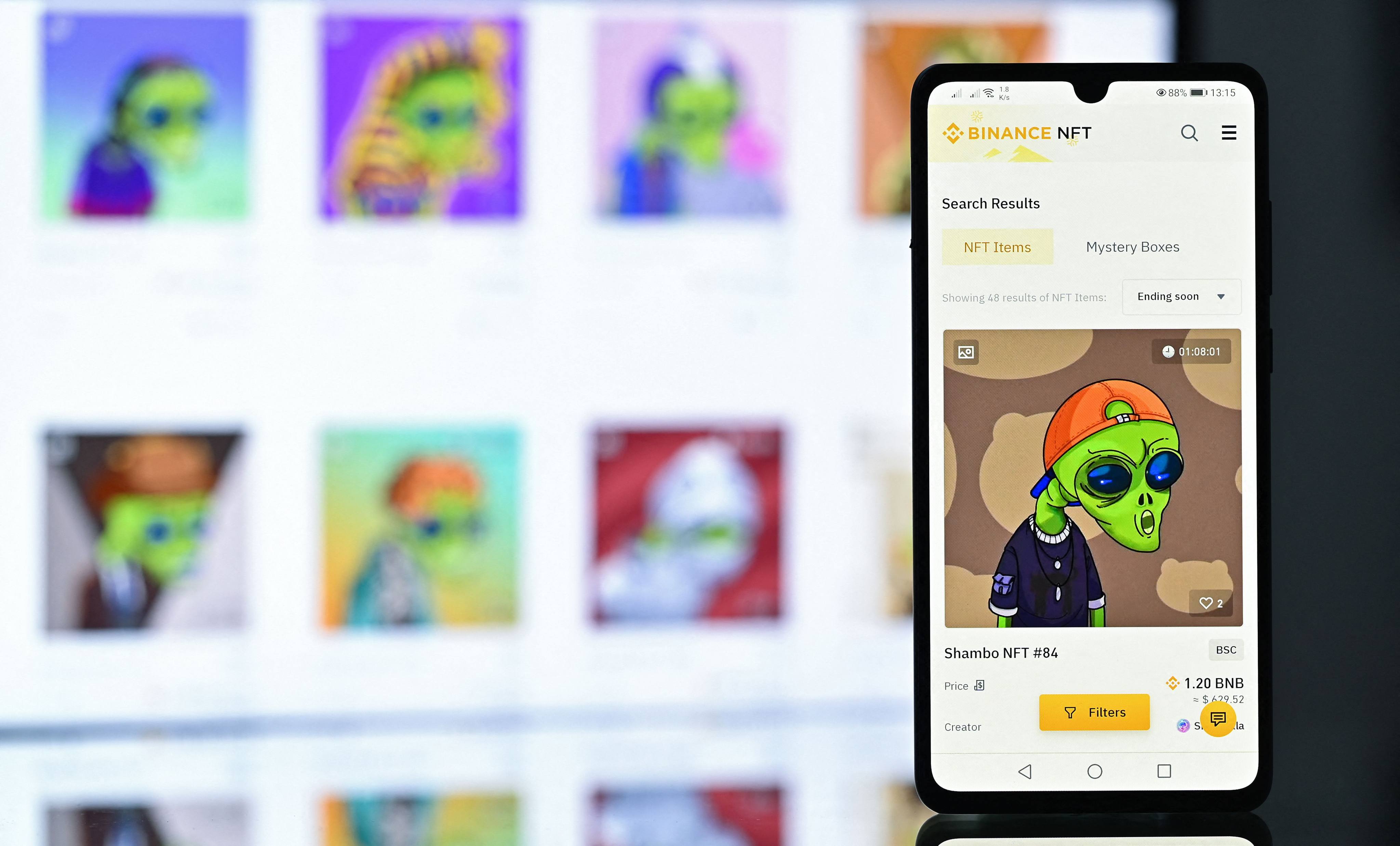 An NFT created by digital artist Zamblek named “Shambo NFT #84” on Binance NFT marketplace is displayed on a mobile phone in December last year. With NFT sales now in the billions of dollars, the ecosystem has attracted attention from scammers and money launderers. Photo: AFP 