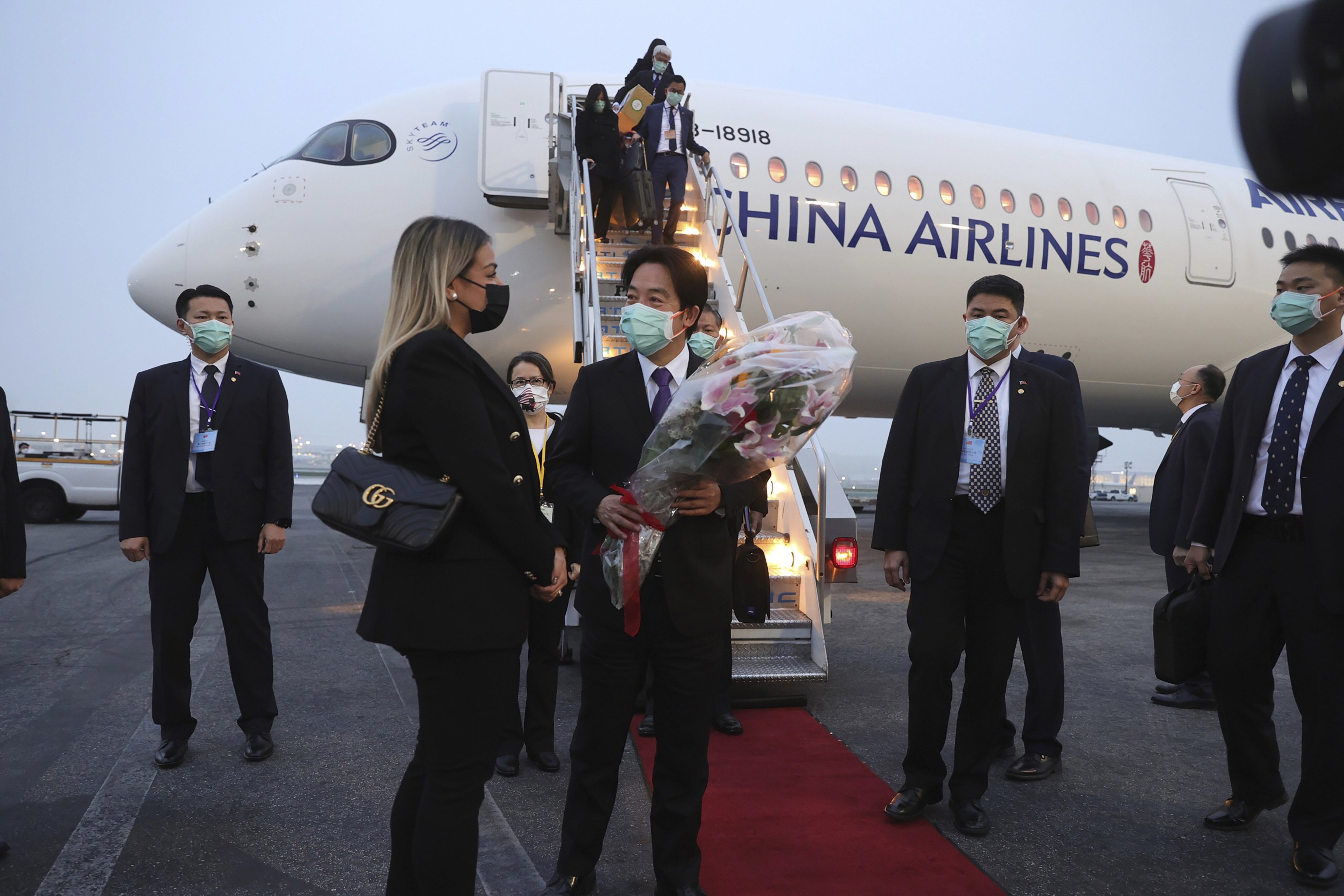 William Lai Ching-te is welcomed after landing for his stopover in Los Angeles on Tuesday. Photo: AP