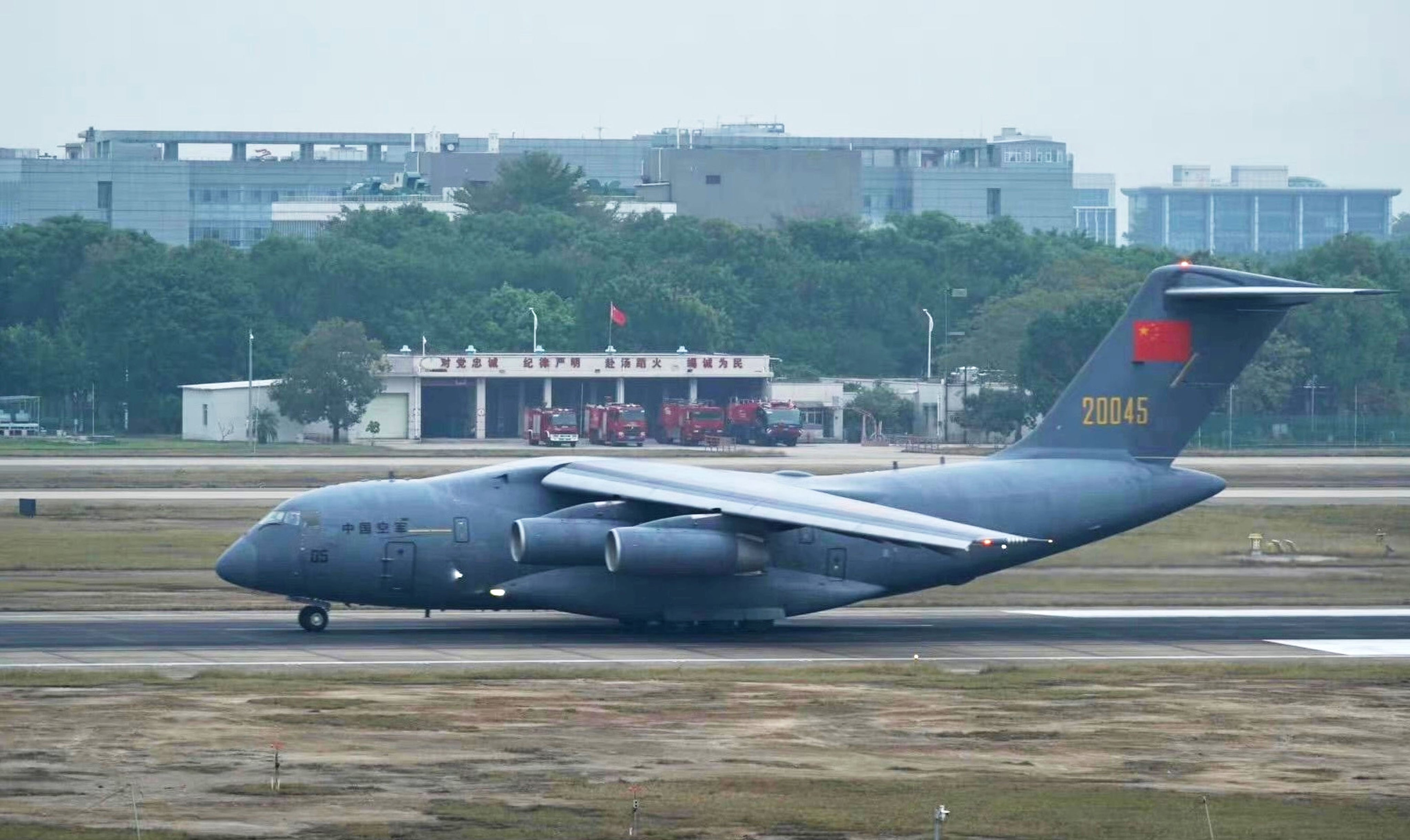 A Y-20 military transport plane carrying supplies takes off from Guangzhou Baiyun International Airport. Photo: Weibo