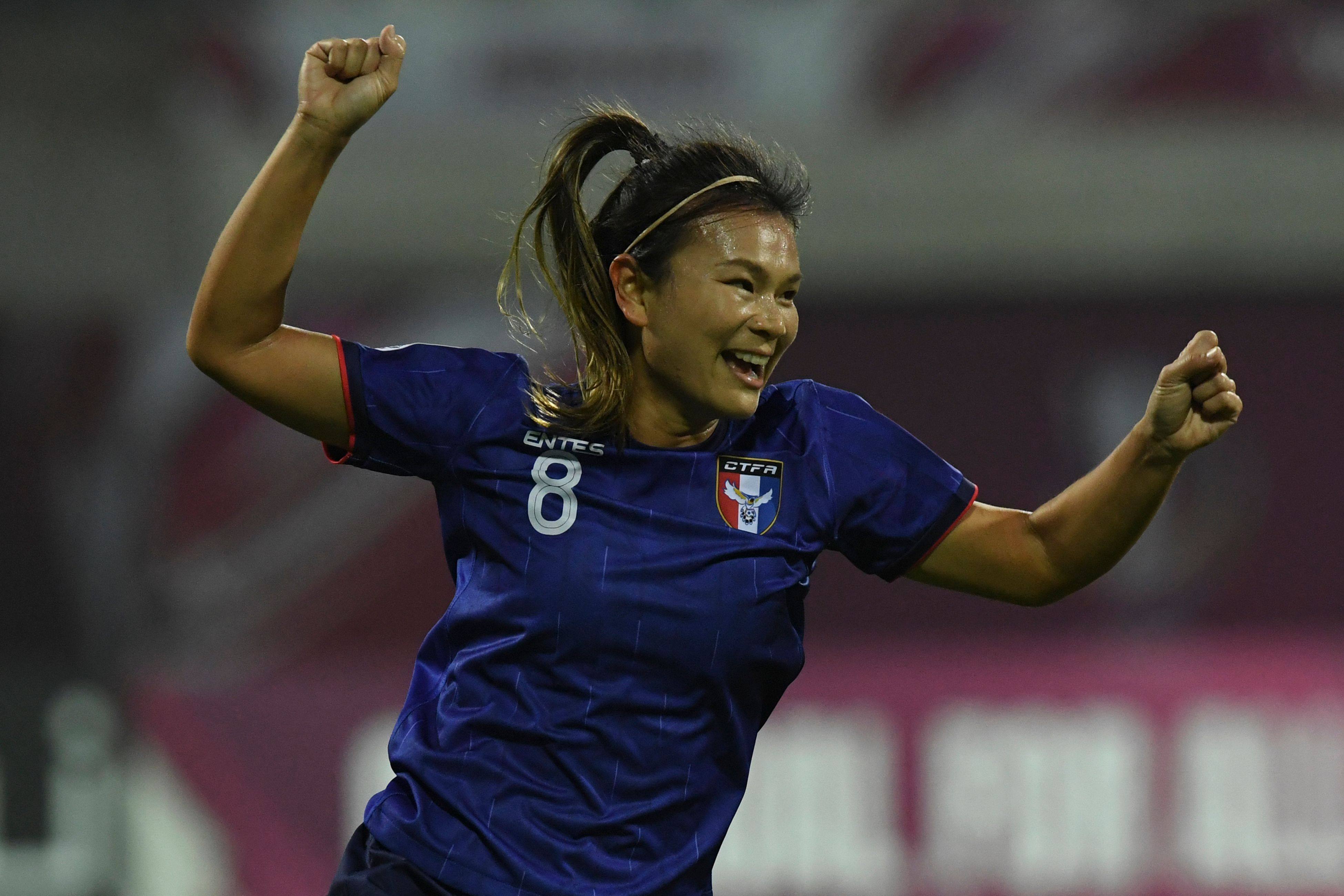 Taiwan’s Wang Hsiang-huei celebrates after scoring during the AFC Women’s Asian Cup against Iran. Photo: AFP