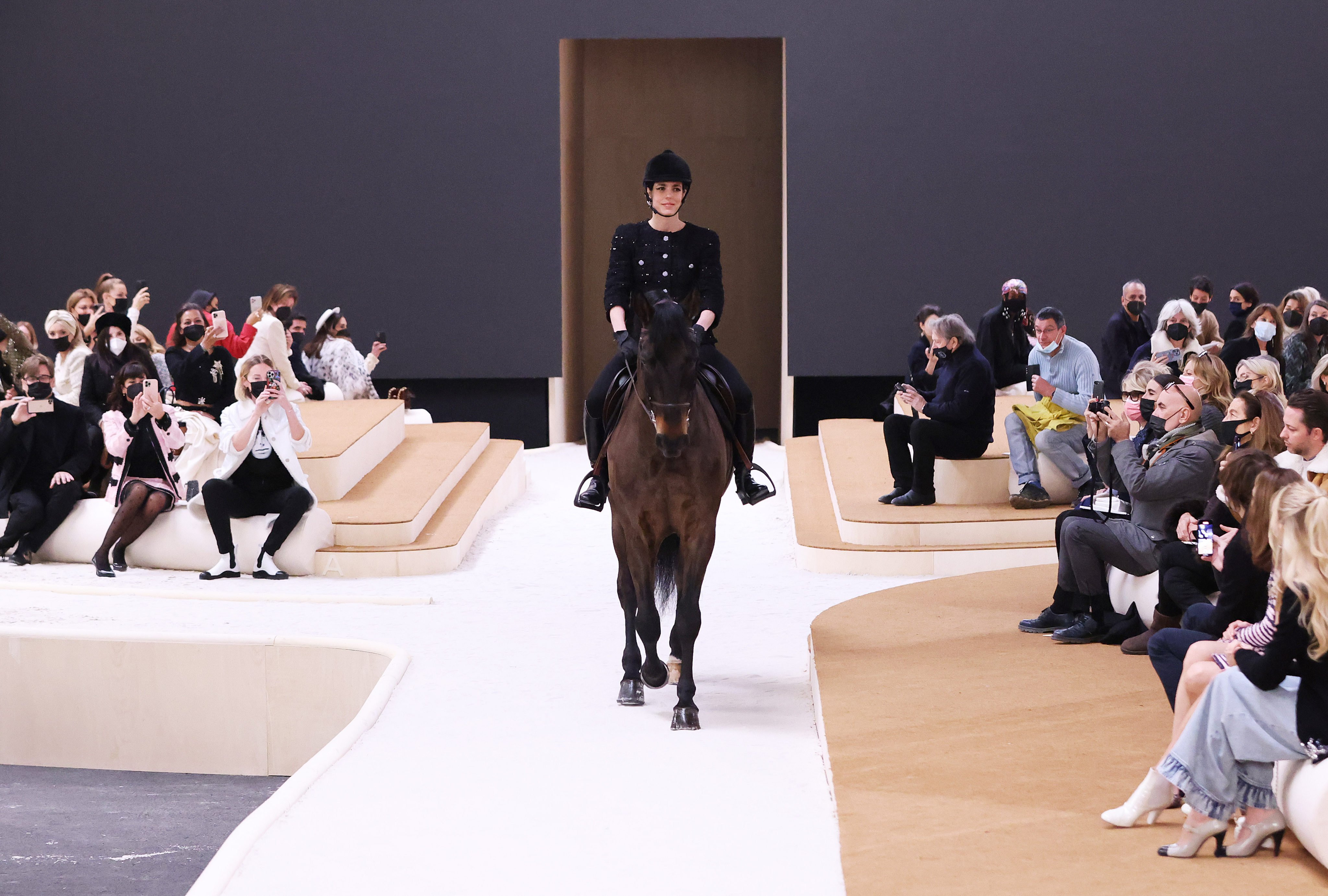 Charlotte Casiraghi, Grace Kelly’s granddaughter, stole the show on an actual racing horse at Chanel’s spring/summer 2022 haute couture show during Paris Fashion Week in Paris, France, on January 25. Photo:  Xinhua