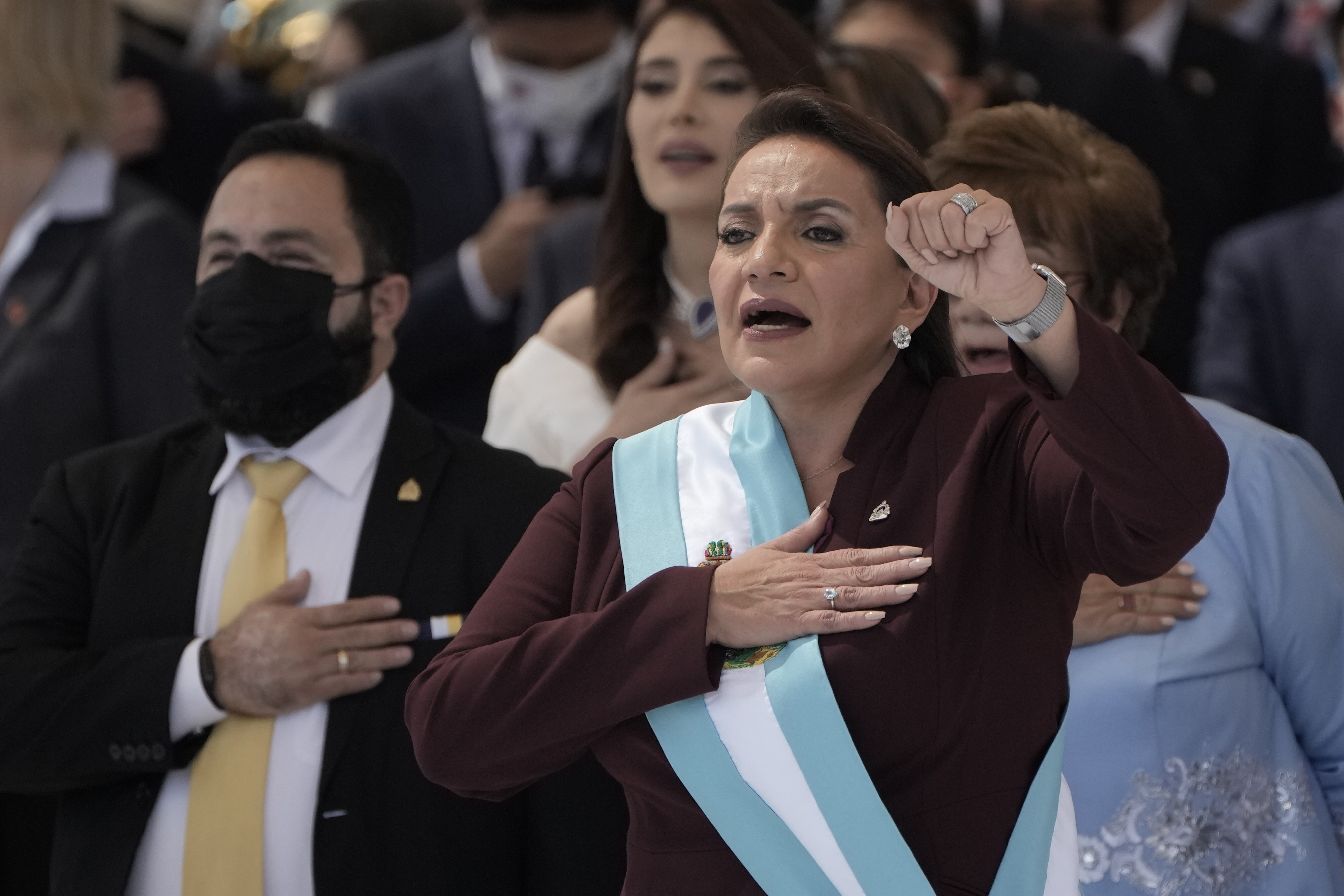 Xiomara Castro is sworn-in as Honduras’ first woman president at the National Stadium in Tegucigalpa on Thursday. Photo: AP