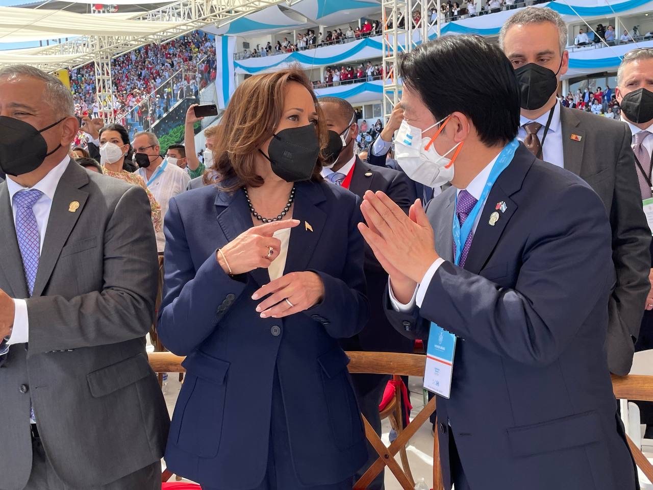 US Vice-President Kamala Harris (left) and her Taiwanese counterpart William Lai at the Honduran presidential inauguration ceremony on Thursday.  Photo: CNA