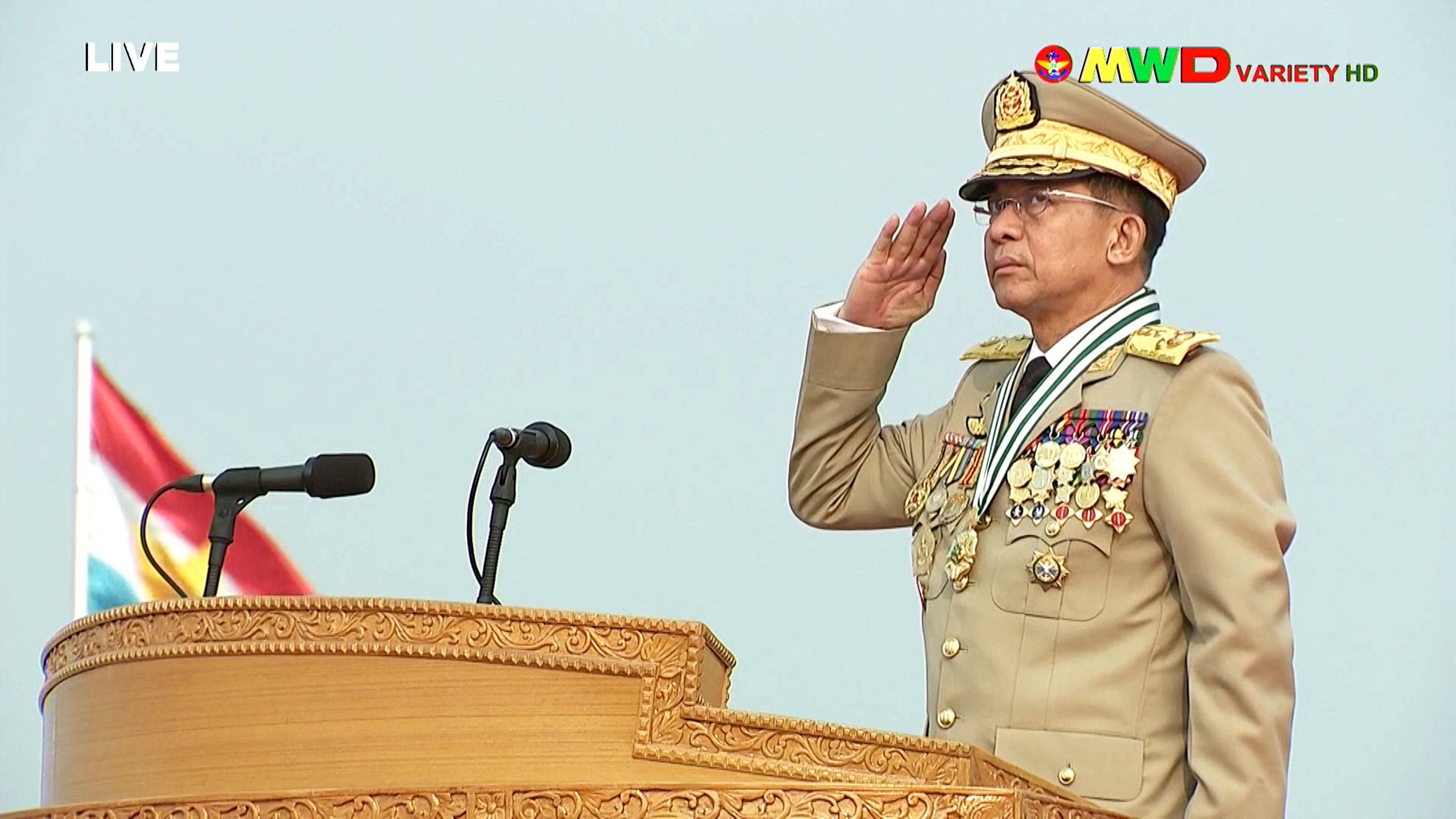 Myanmar junta chief Min Aung Hlaing salutes during a military parade in March last year, a month after the coup he led to oust civilian leader Aung San Suu Kyi. Photo: Myawaddy TV Handout via AFP