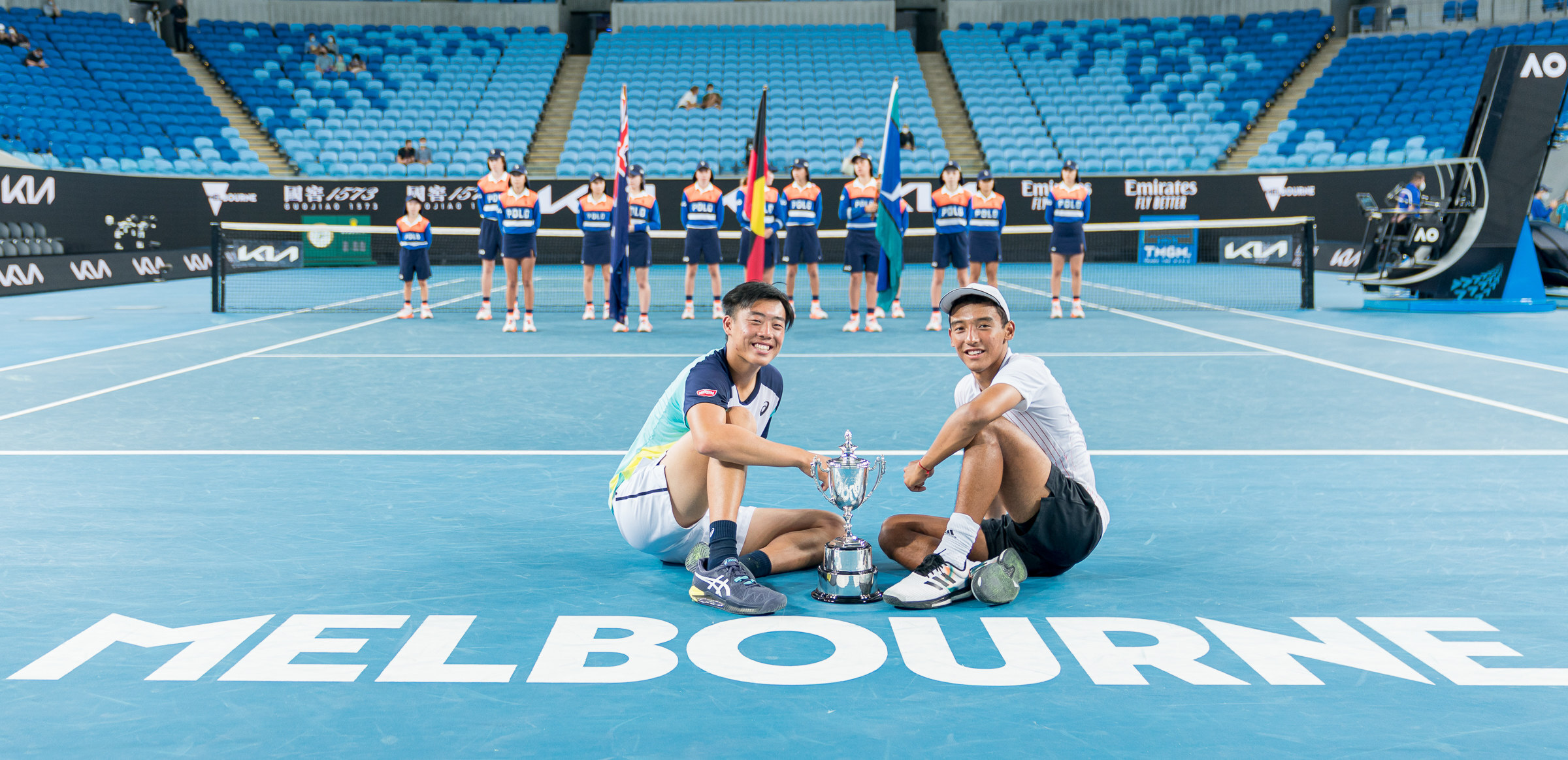 Hong Kong tennis player Coleman Wong Chak-lam (left) with partner Bruno Kuzuhara of the US after winning the Australian Open Junior Championship boys’ doubles final event in Melbourne. Photo: @arckphoto   