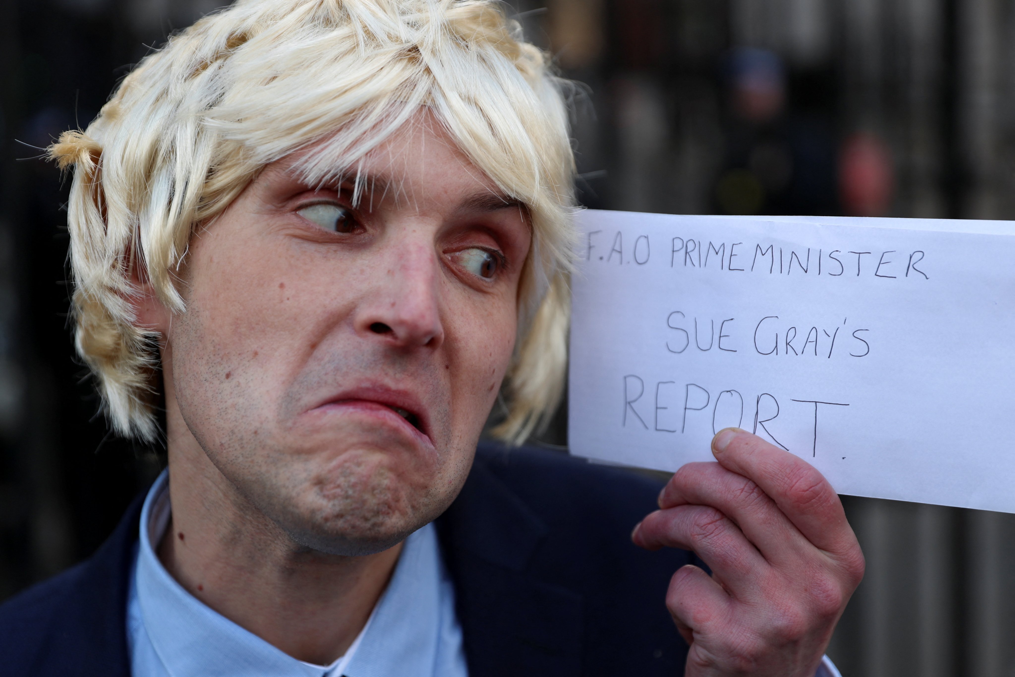 A man dressed as British Prime Minister Boris Johnson in London, Britain, on Saturday. Satirists and cartoonists relish mocking the leader. Photo: Reuters