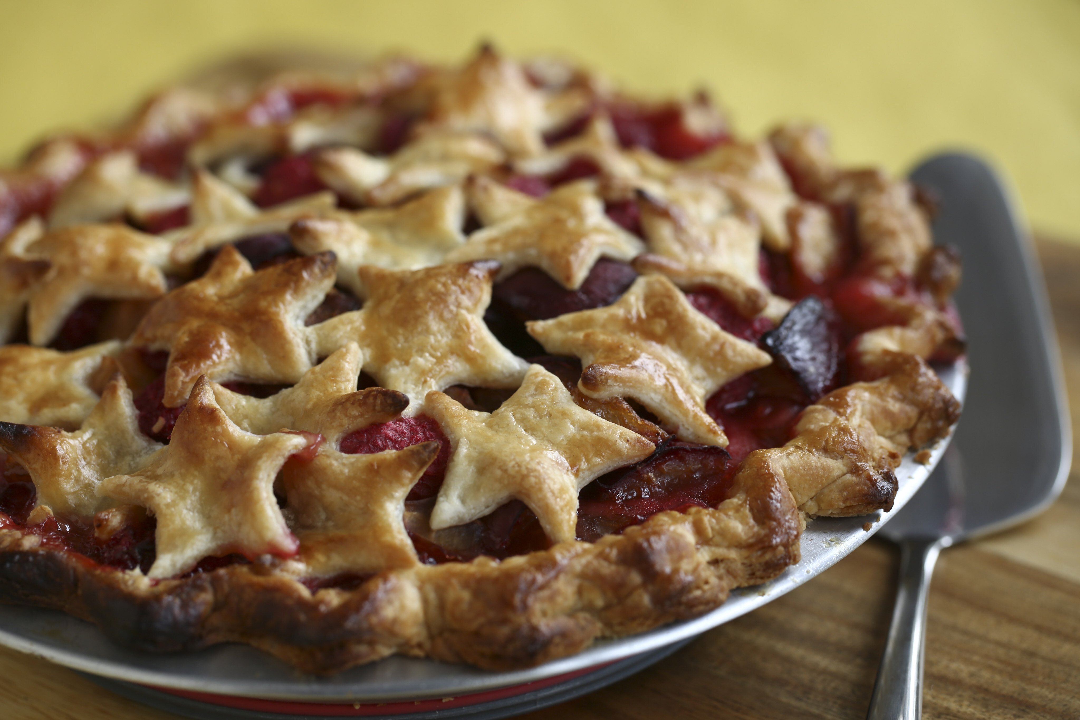 Plum and raspberry pie is a sweet, tart dessert that looks as good as it tastes. Photo: Jonathan Wong