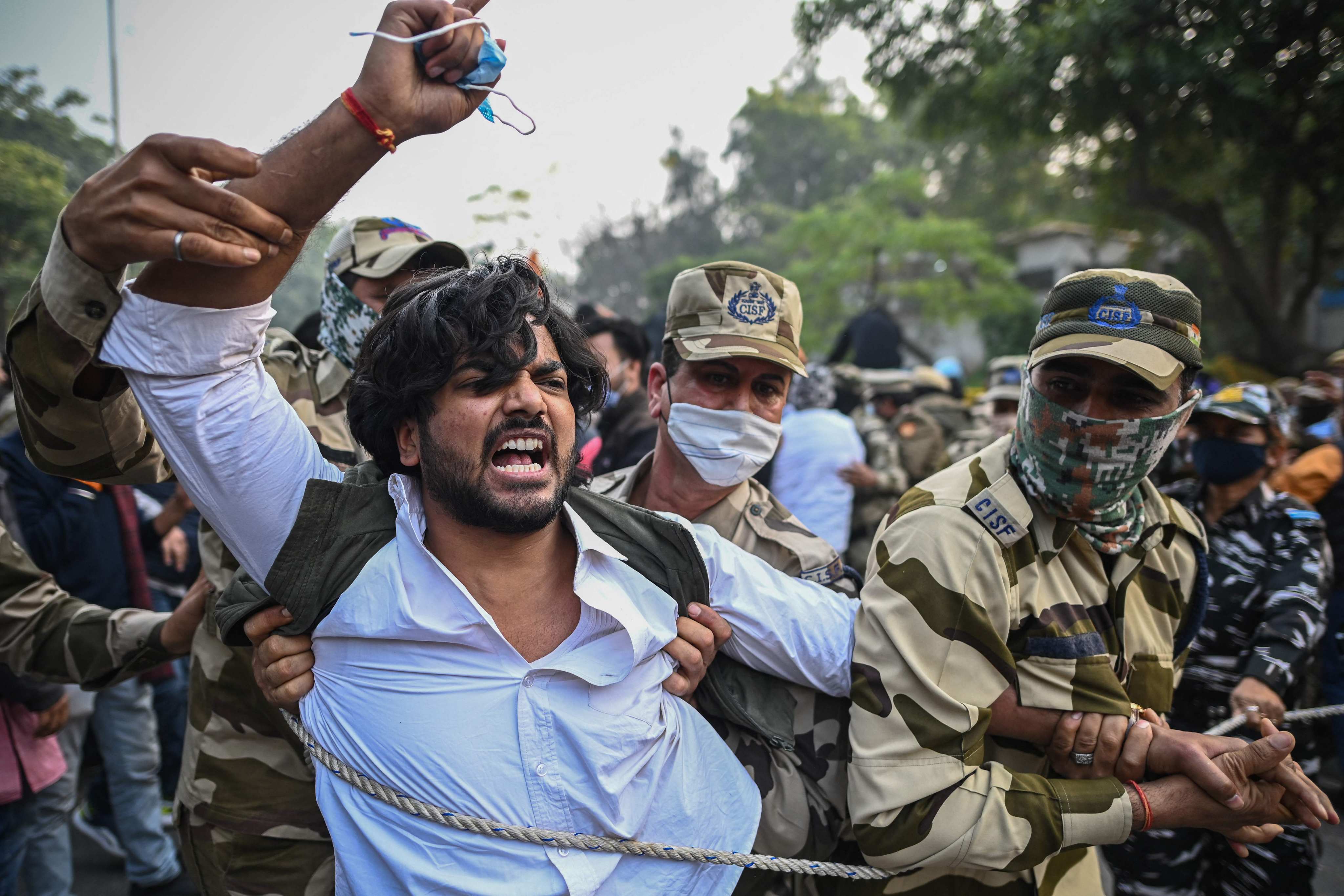 Indian police detain an activist from the pro-Hindu Bharatiya Janata Party (BJP) during a demonstration in New Delhi on Monday. It demanded justice for a Hindu girl who it is claimed died by suicide in Tamil Nadu state after coming under pressure to become a Christian. Photo: AFP