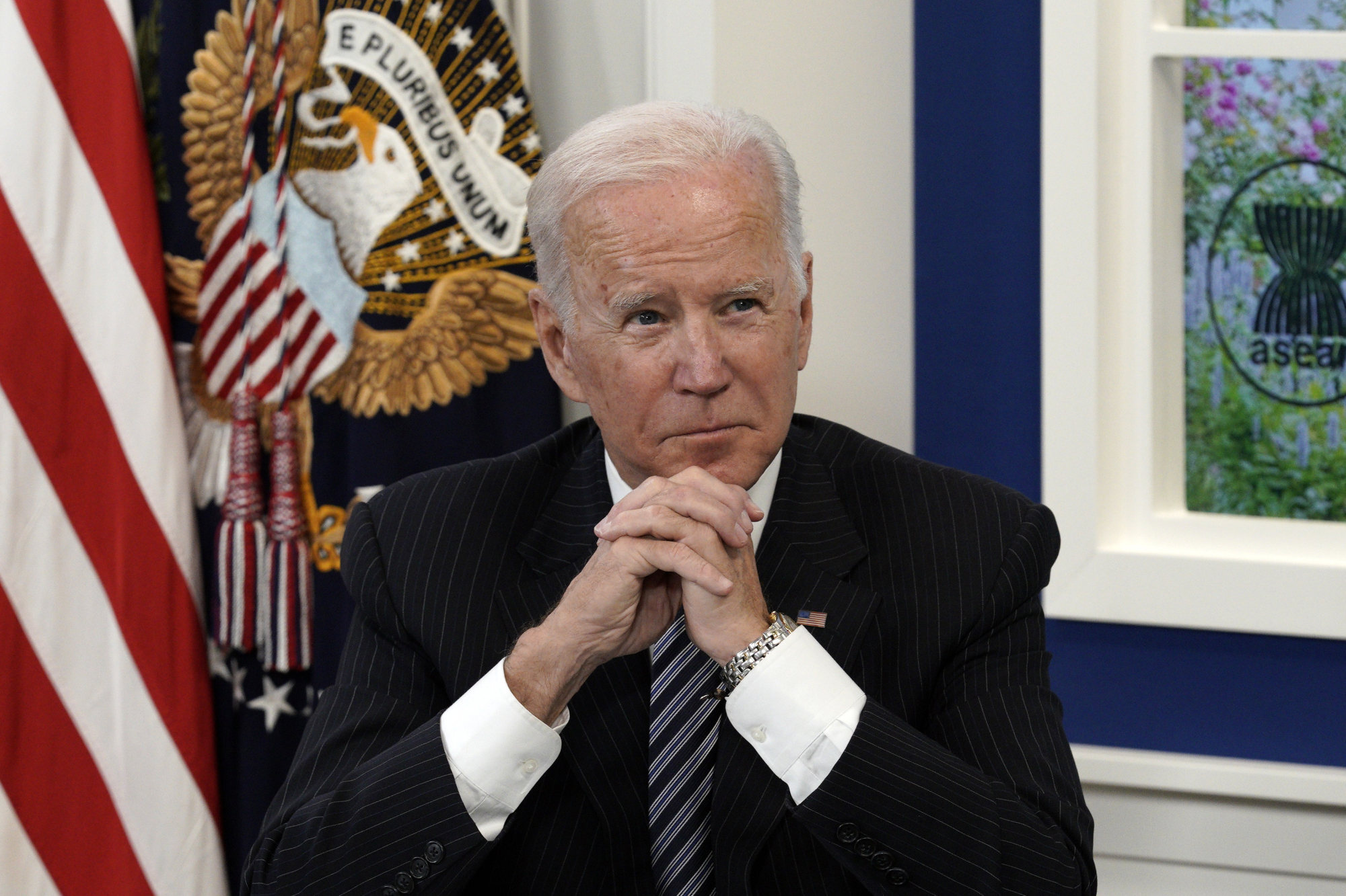 US President Joe Biden attends via video link the US-Asean summit on October 26 last year, from the South Court Auditorium at the White House in Washington, D.C. Photo: Abaca Press/TNS