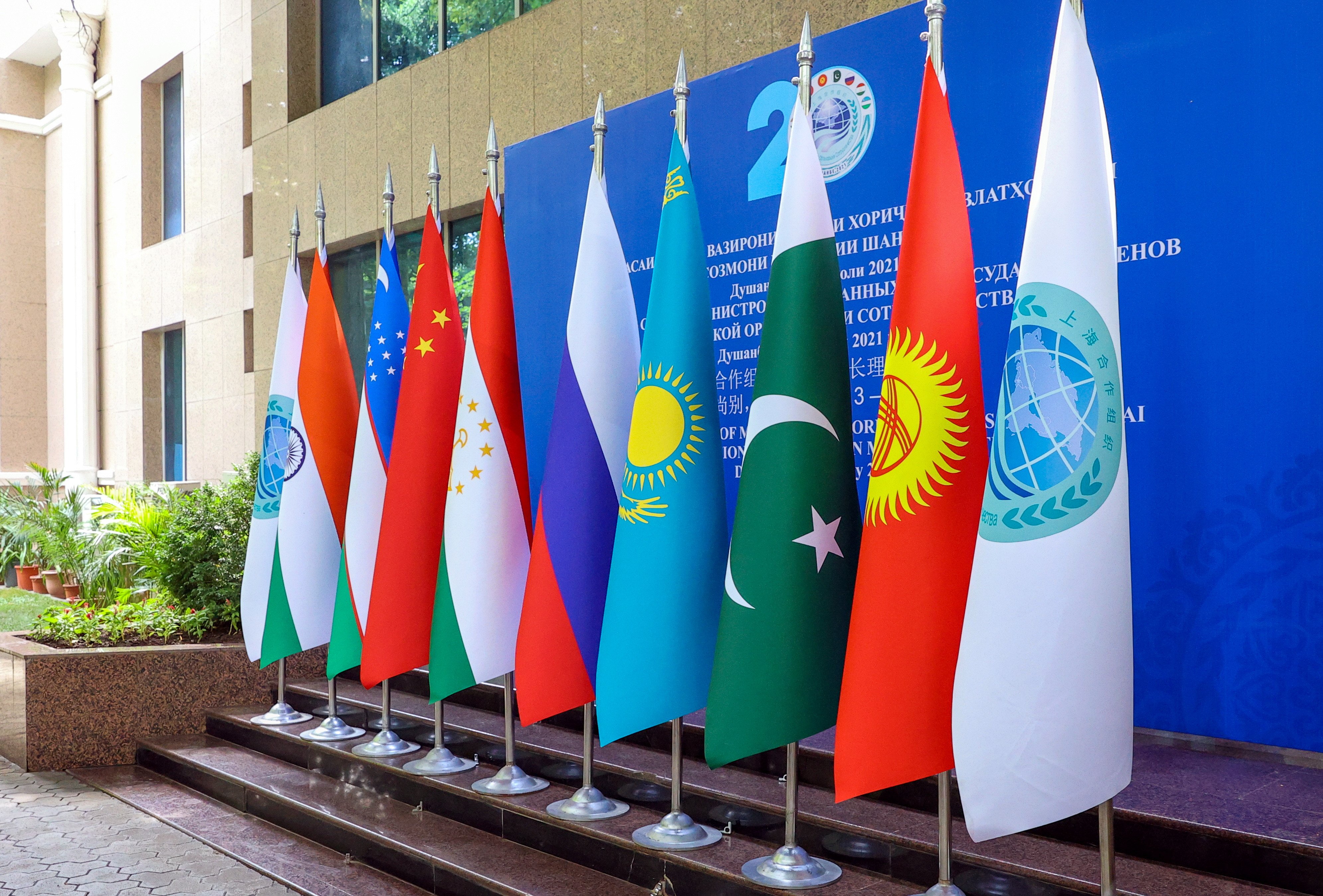The national flags of the member states of the Shanghai Cooperation Organization, a Eurasian economic and security alliance, seen in Dushanbe, Tajikistan, on July 14. Photo: TASS via Getty Images