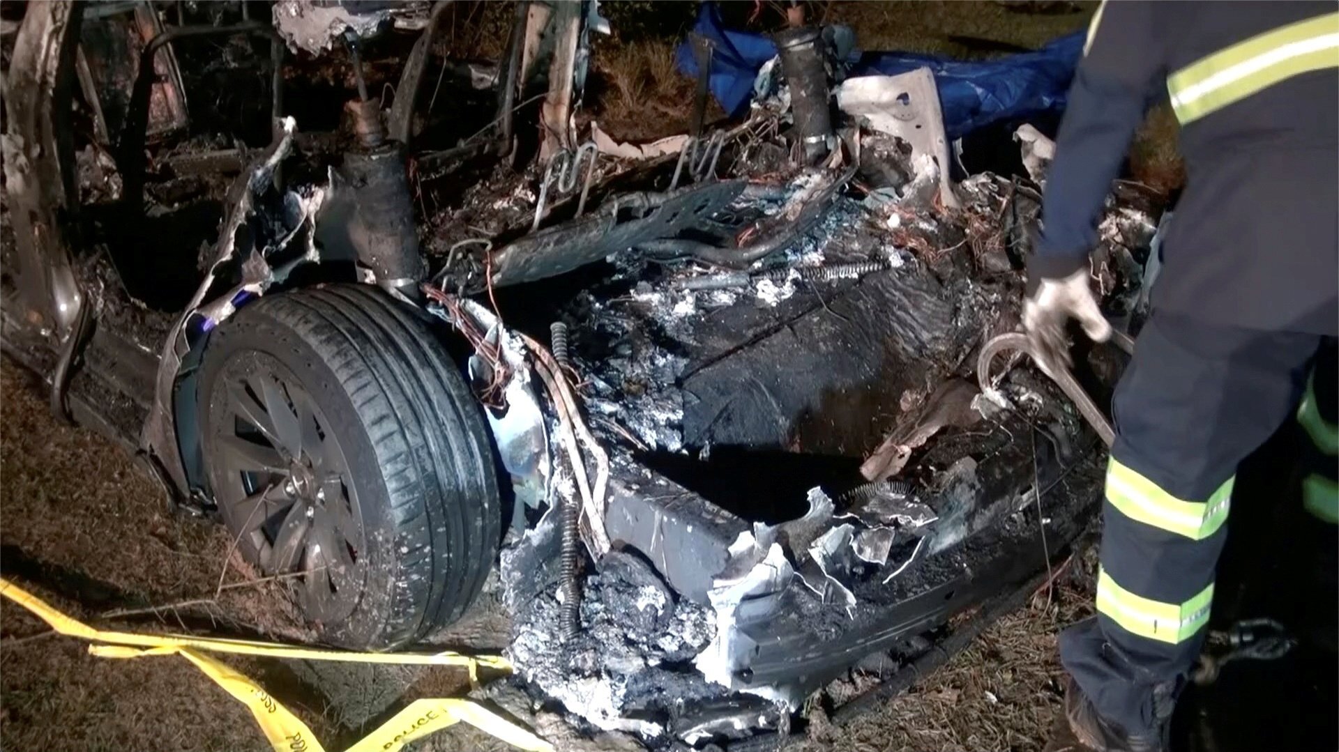 The remains of a Tesla vehicle are seen after it crashed in The Woodlands, Texas, on April 17, 2021. Concerns about the safety and reliability of self-driving cars persist despite rosy pronouncements of their imminent rise to prominence. Photo: Reuters