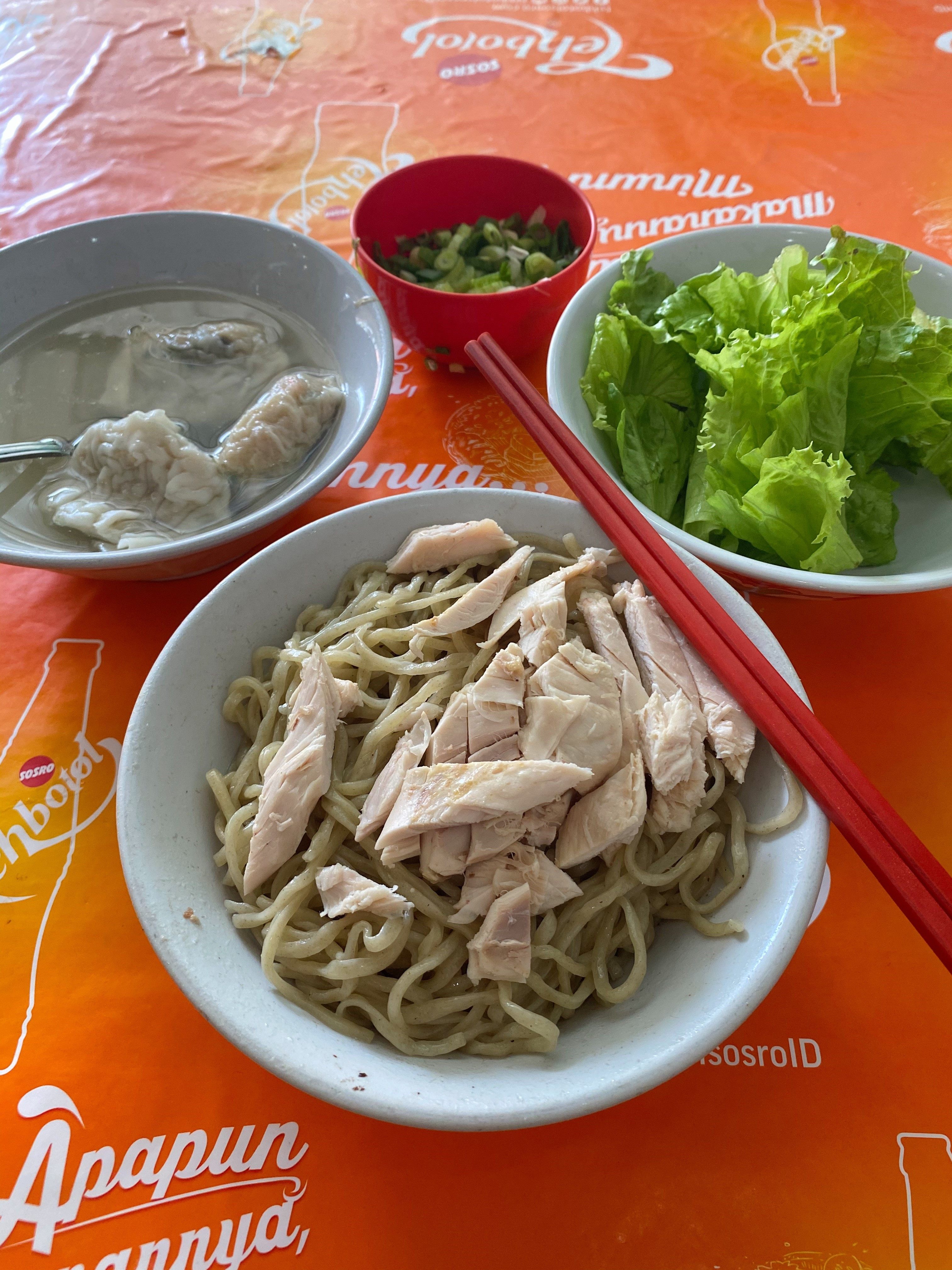 A bowl of chicken noodles at Bakmi Ayam Acang. Photo: Randy Mulyanto
