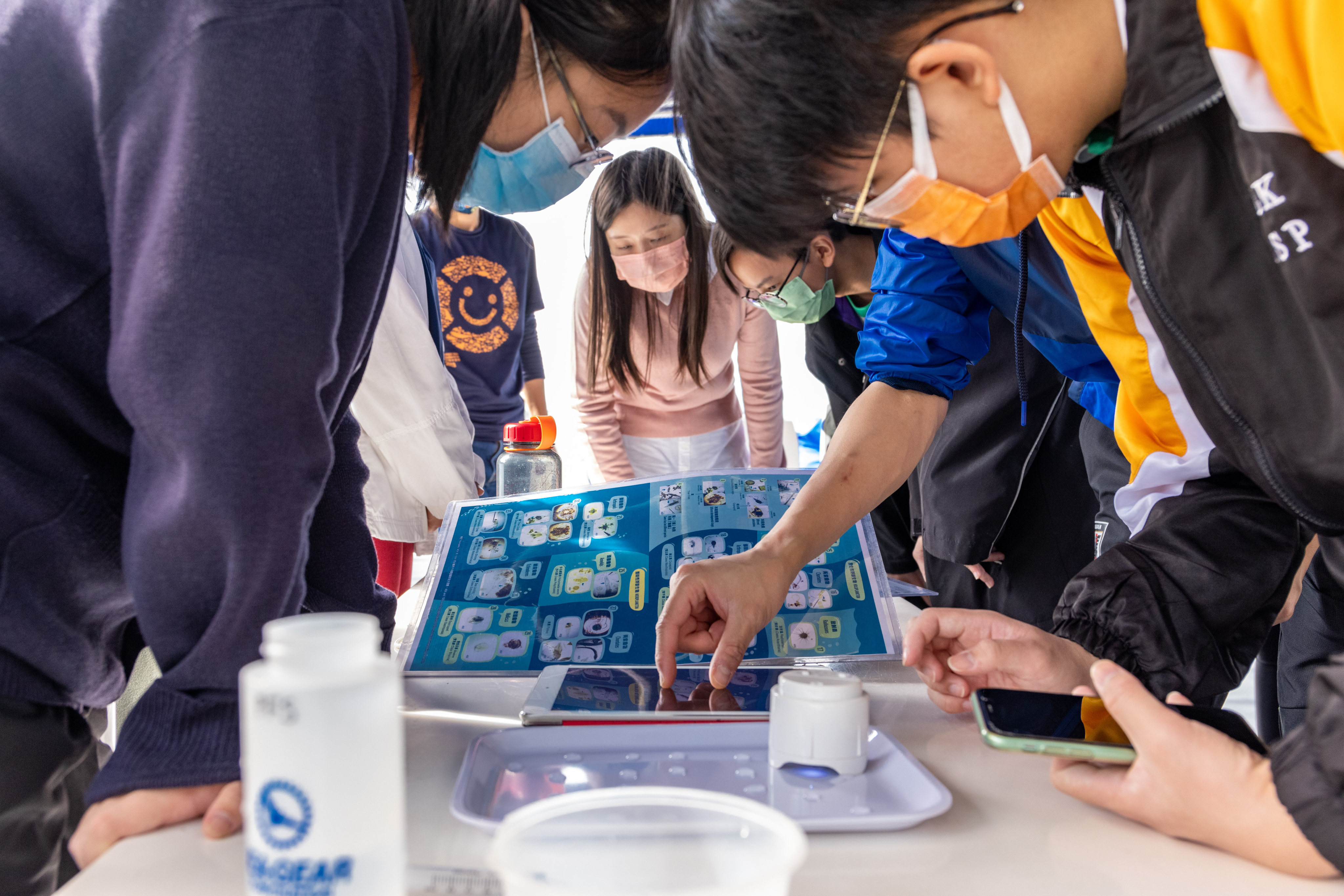 Students look for microorganisms in water samples during a recent harbour tour with the Clean Waterways Initiative. Photo: Handout