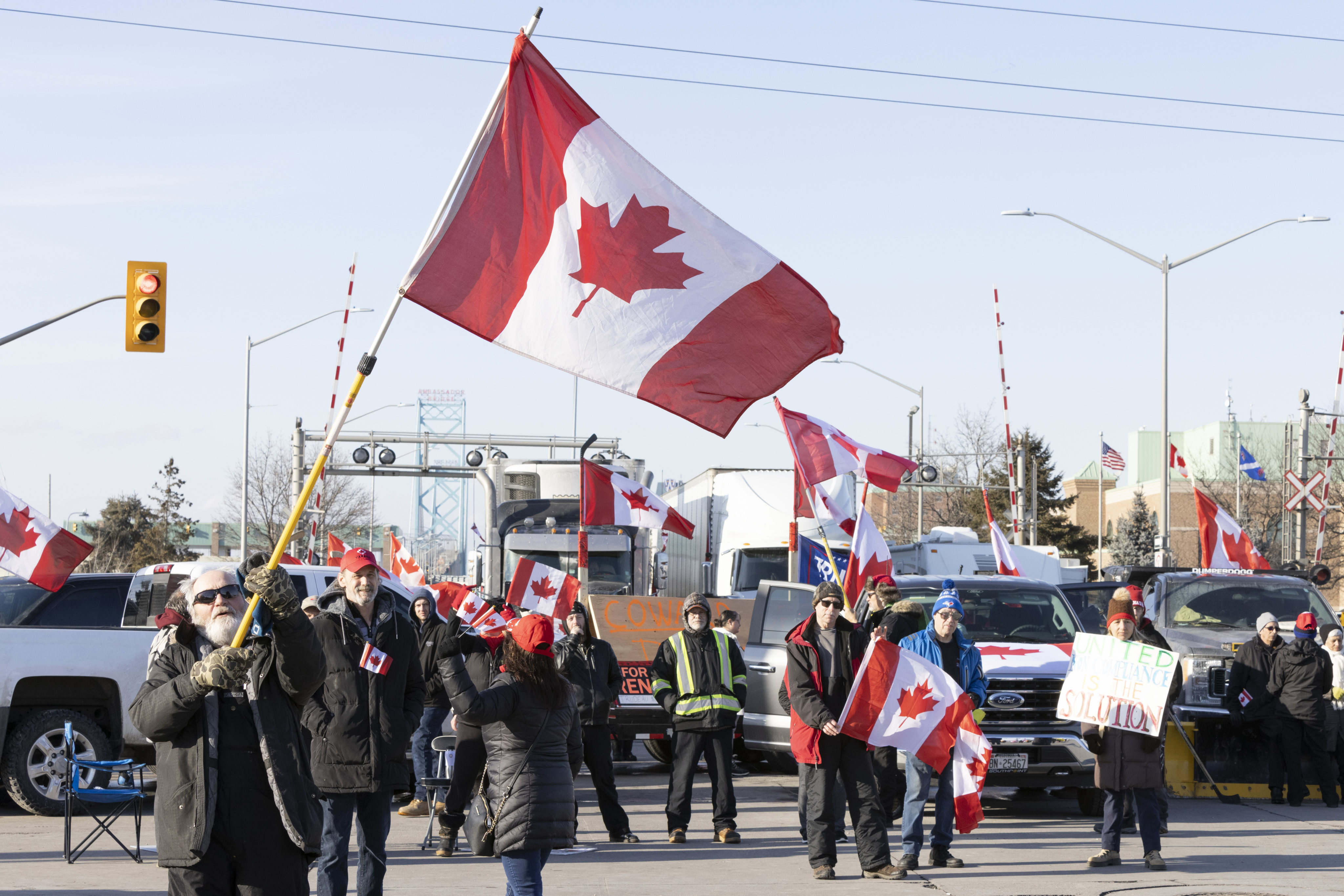 Protesters block traffic at the Ambassador Bridge linking Windsor, Ontario, and Detroit on Wednesday. Photo: The Canadian Press via AP