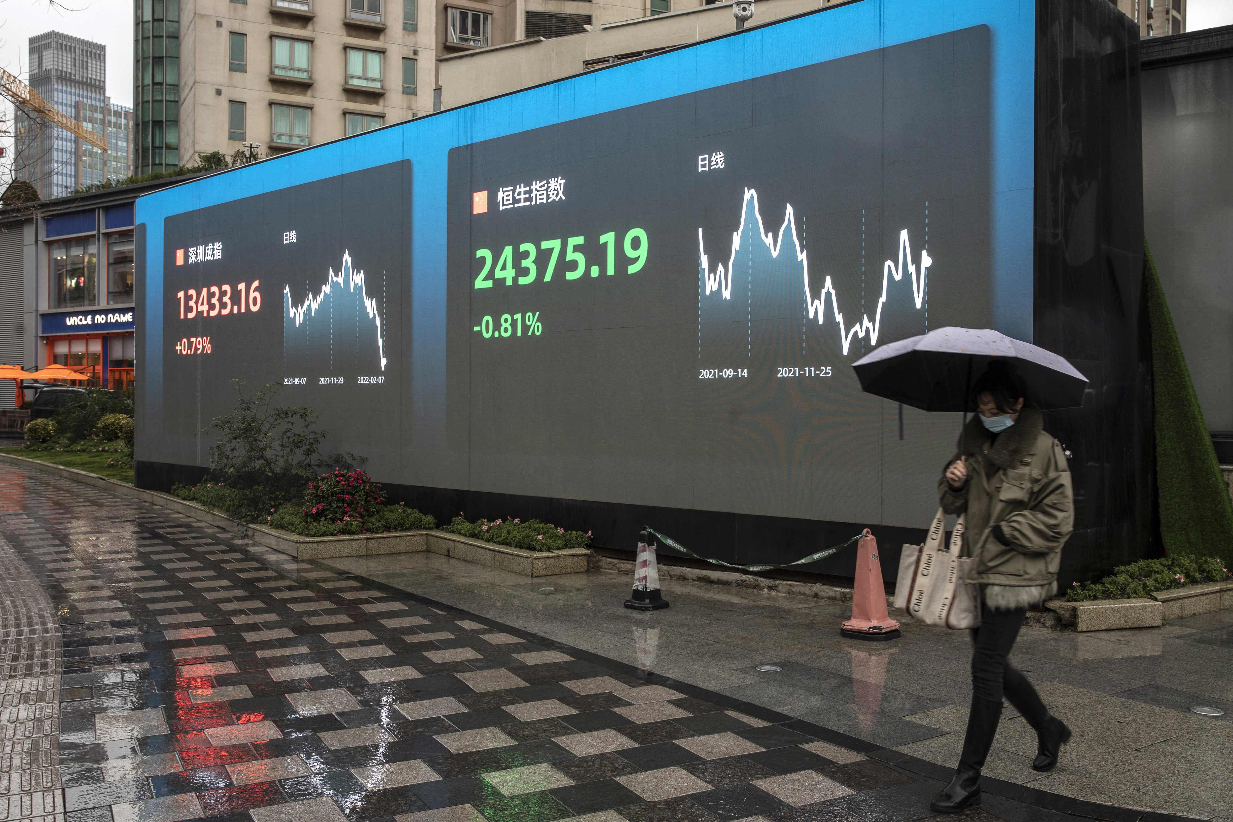 A public screen displays the Shenzhen Stock Exchange and the Hang Seng Index figures in Shanghai on February 7. There are early signs that earnings among emerging market companies are beginning to stabilise after a prolonged period of weakness – just as the earnings picture in developed markets is beginning to look less stellar. Photo: Bloomberg