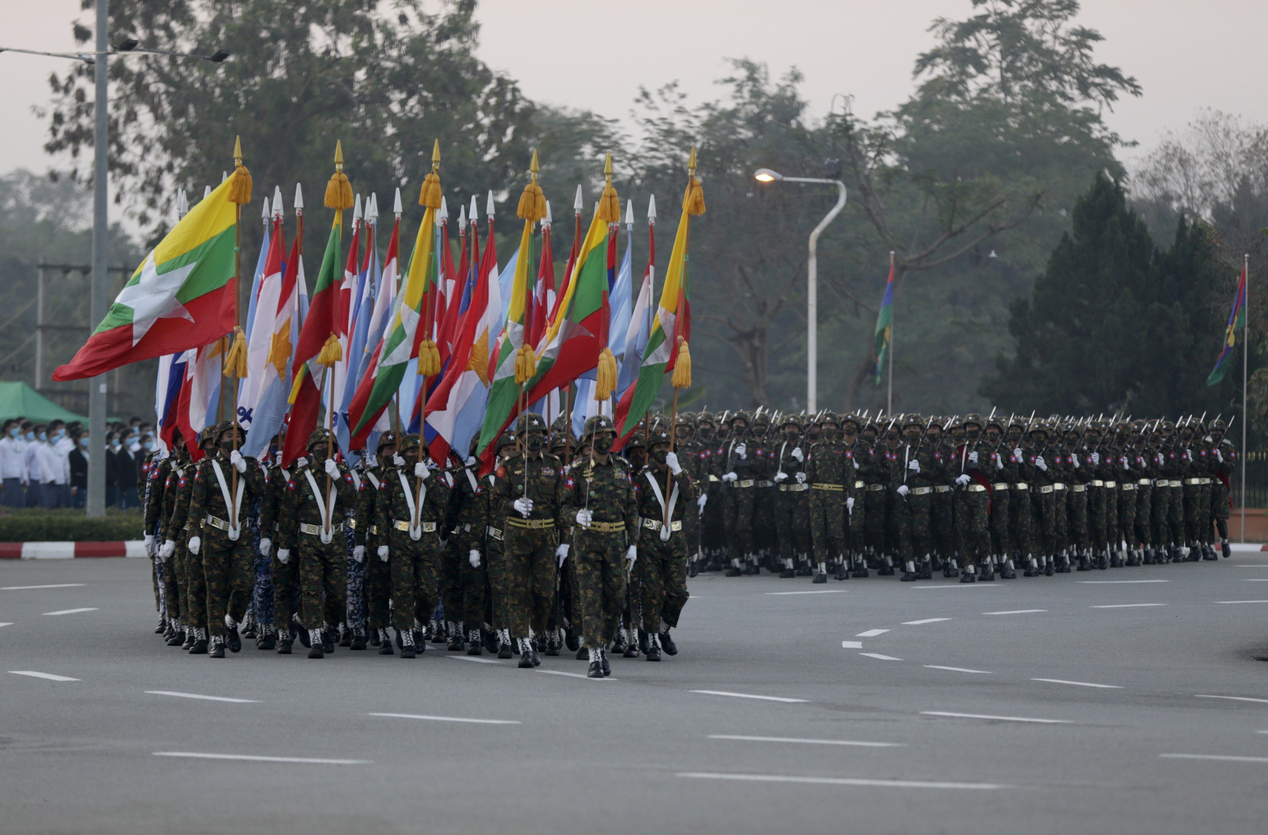 Soldiers parade during the 75th anniversary of Union Day in Myanmar. Photo: EPA