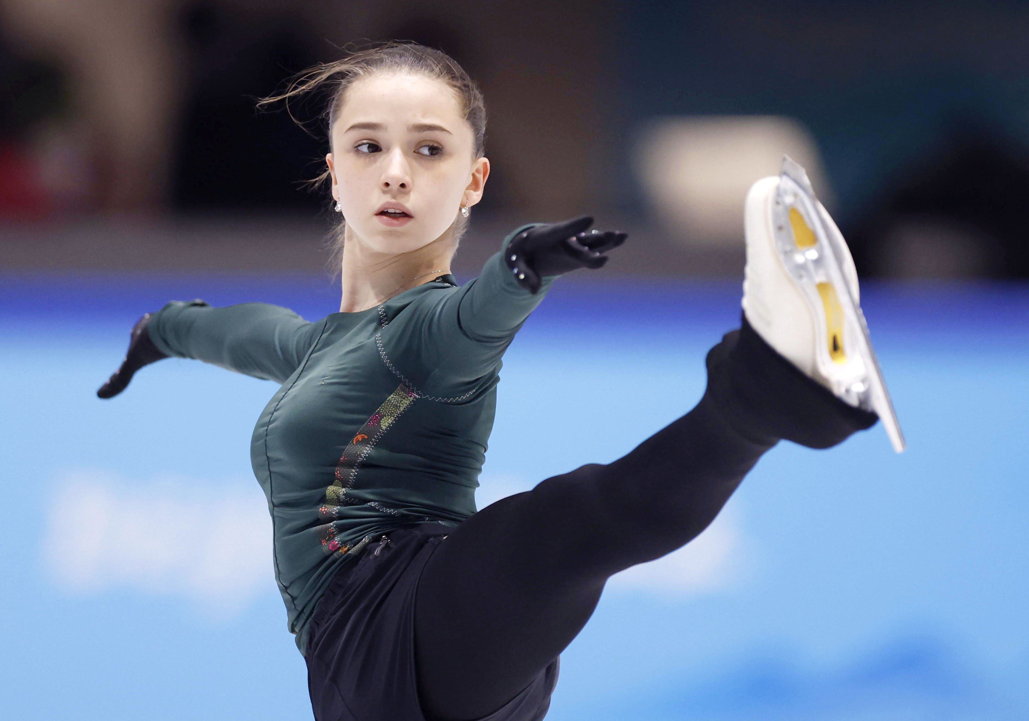 Russian Olympic Committee figure skater Kamila Valieva takes part in an official training session at the Beijing Winter Olympics on February 13, 2022. Photo: Kyodo