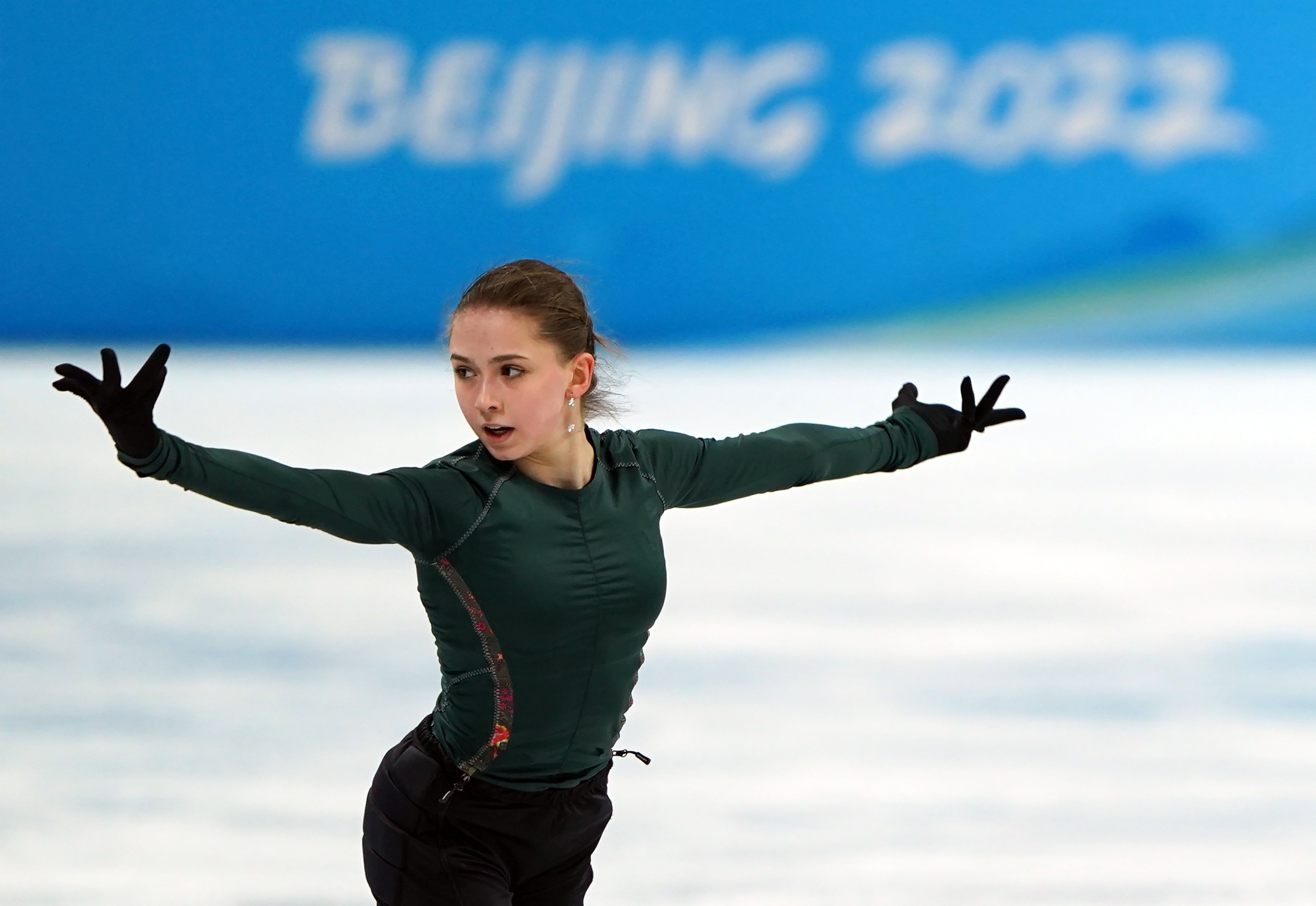 Russian Olympic Committee’s Kamila Valieva skates during a training session in Beijing. Photo: dpa