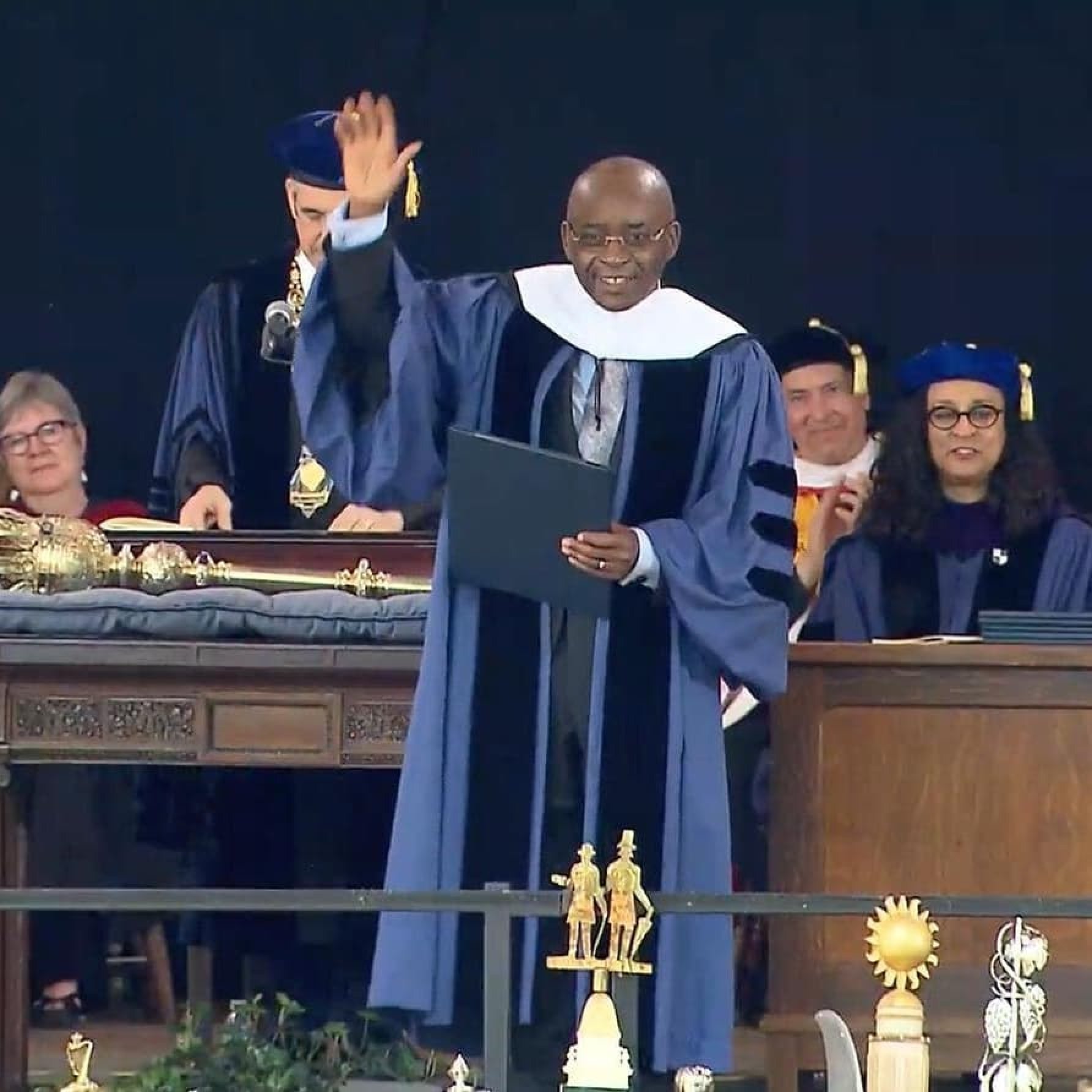 Strive Masiyiwa receiving his honorary degree at Yale University. Photo: @strivemasiyiwa/Instagram