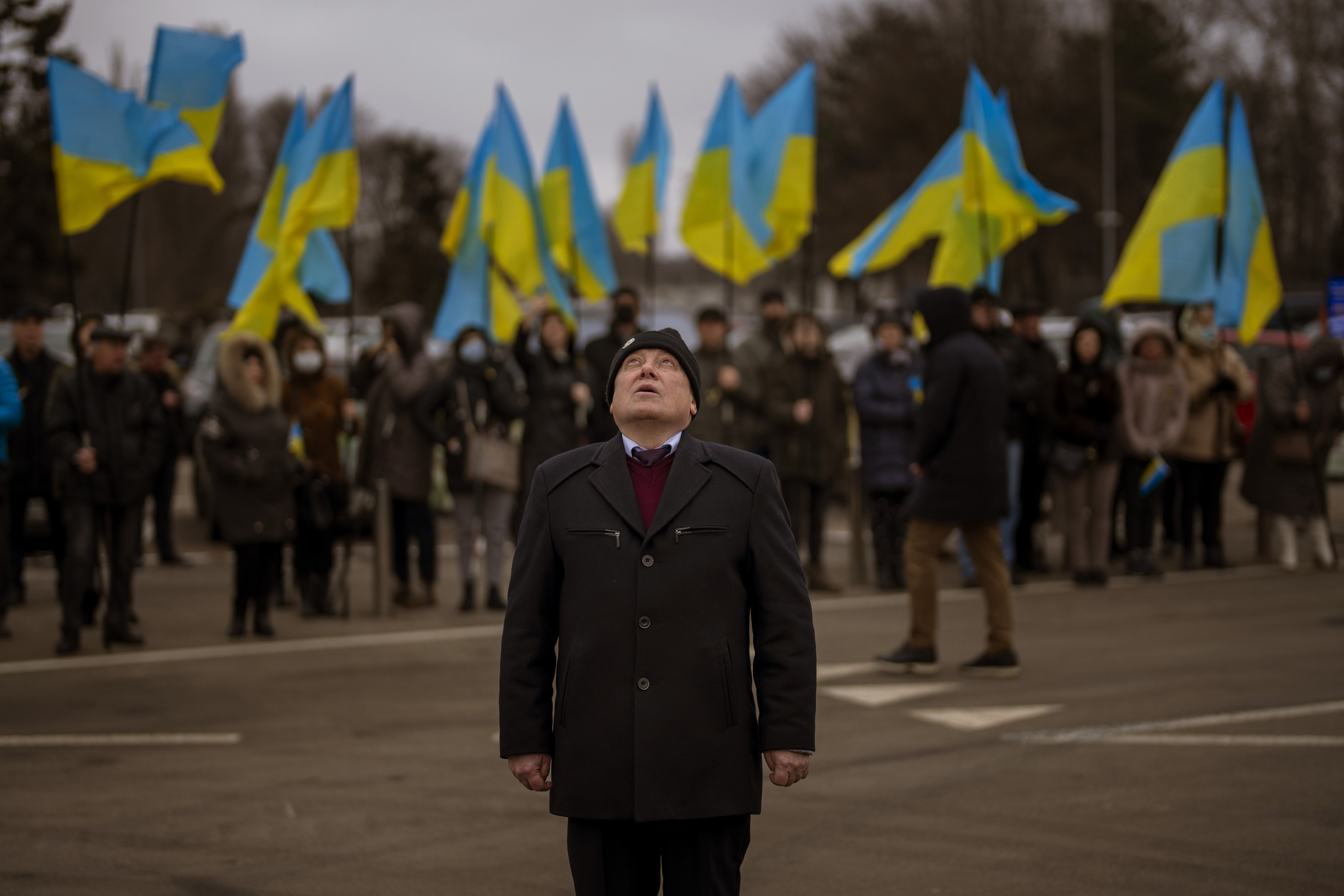 People gather to celebrate a Day of Unity in Odessa, Ukraine, on February 16, as the threat of a Russian invasion remains a real and present danger. Photo: AP