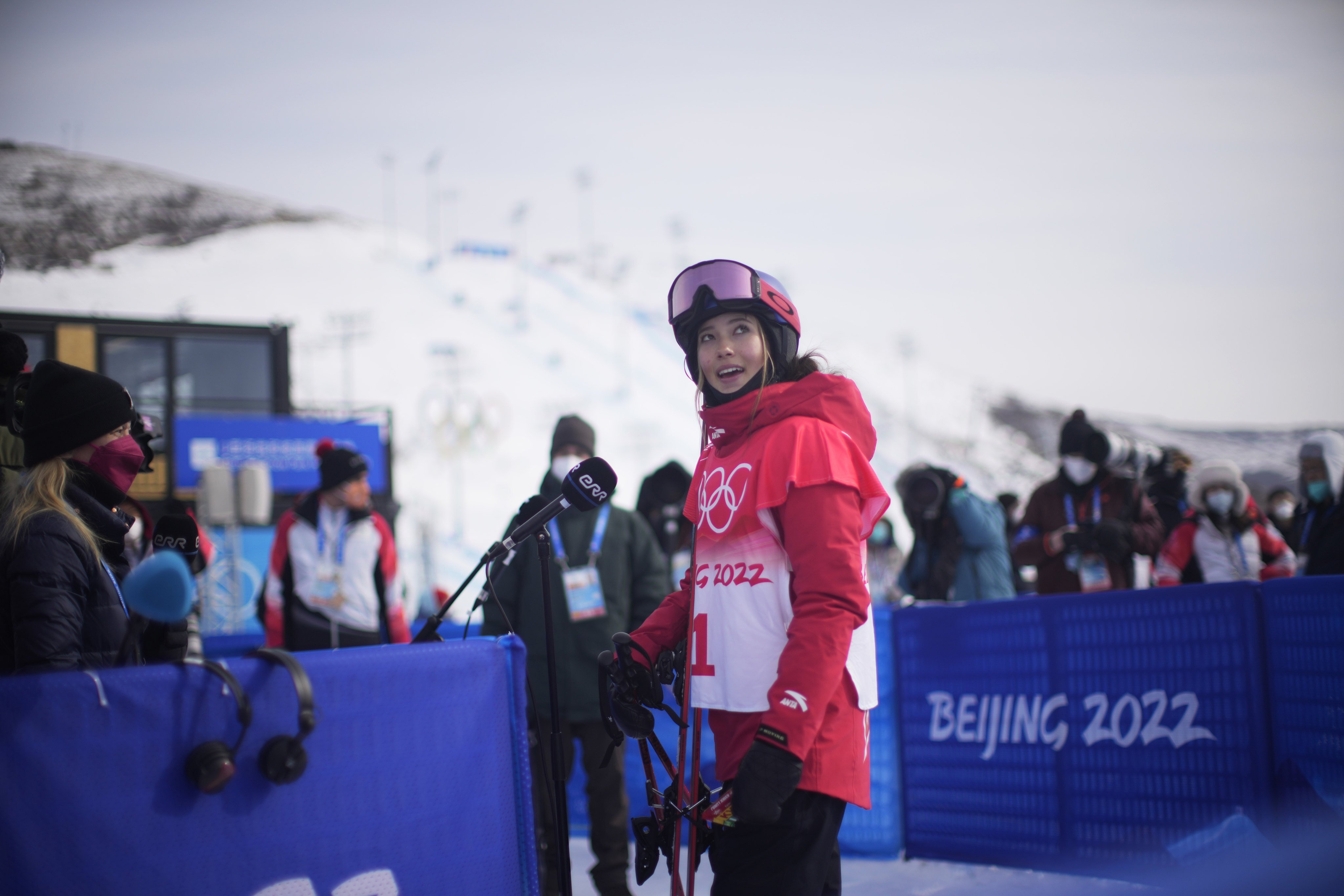 China’s Eileen Gu talks to reporters after the women’s halfpipe qualification. Photo: AP