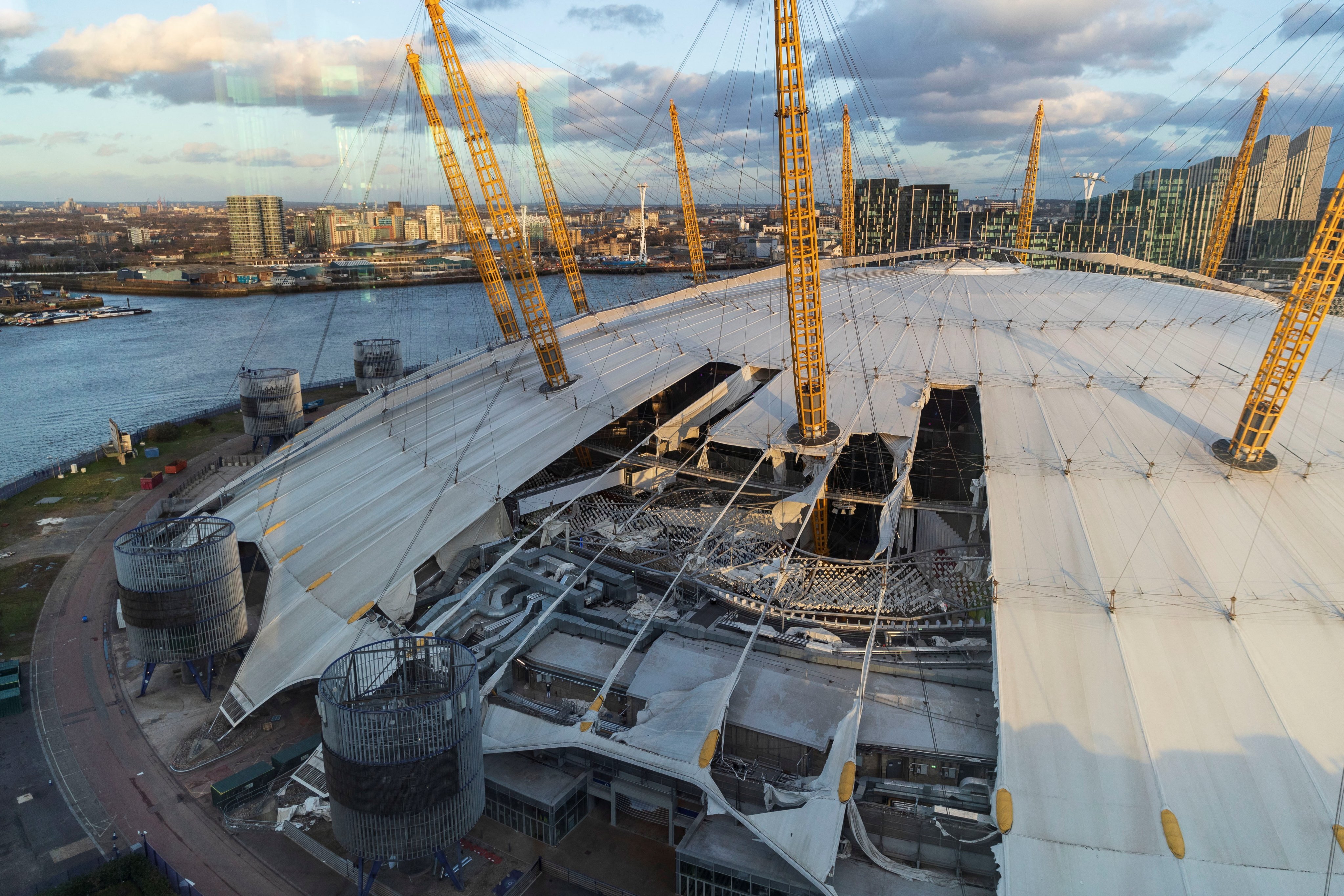 The roof of the O2 arena seen damaged by the wind, as a red weather warning was issued in London on Friday. Photo: Reuters