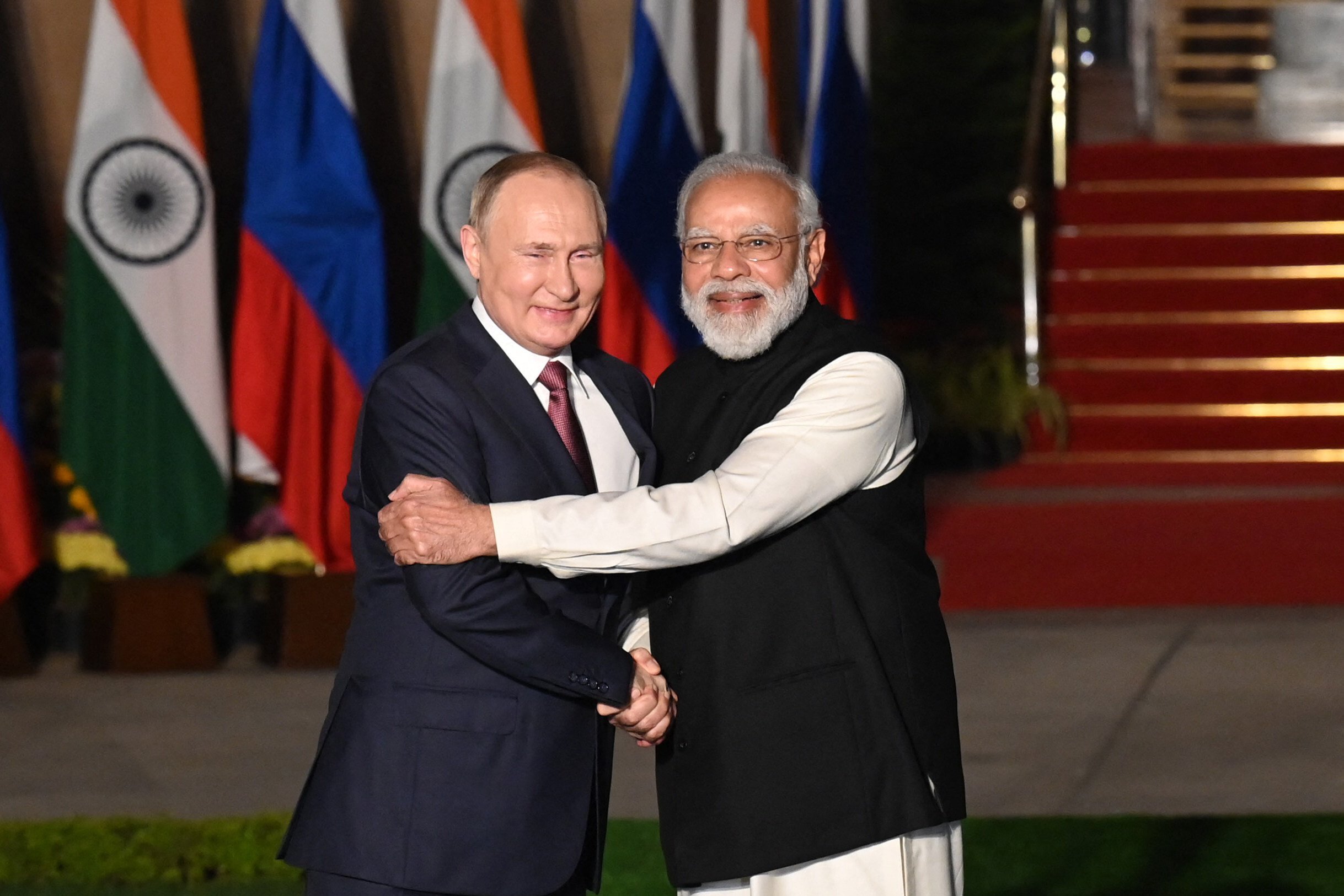 India’s Prime Minister Narendra Modi greets Russian President Vladimir Putin in New Delhi in December. Photo: AFP
