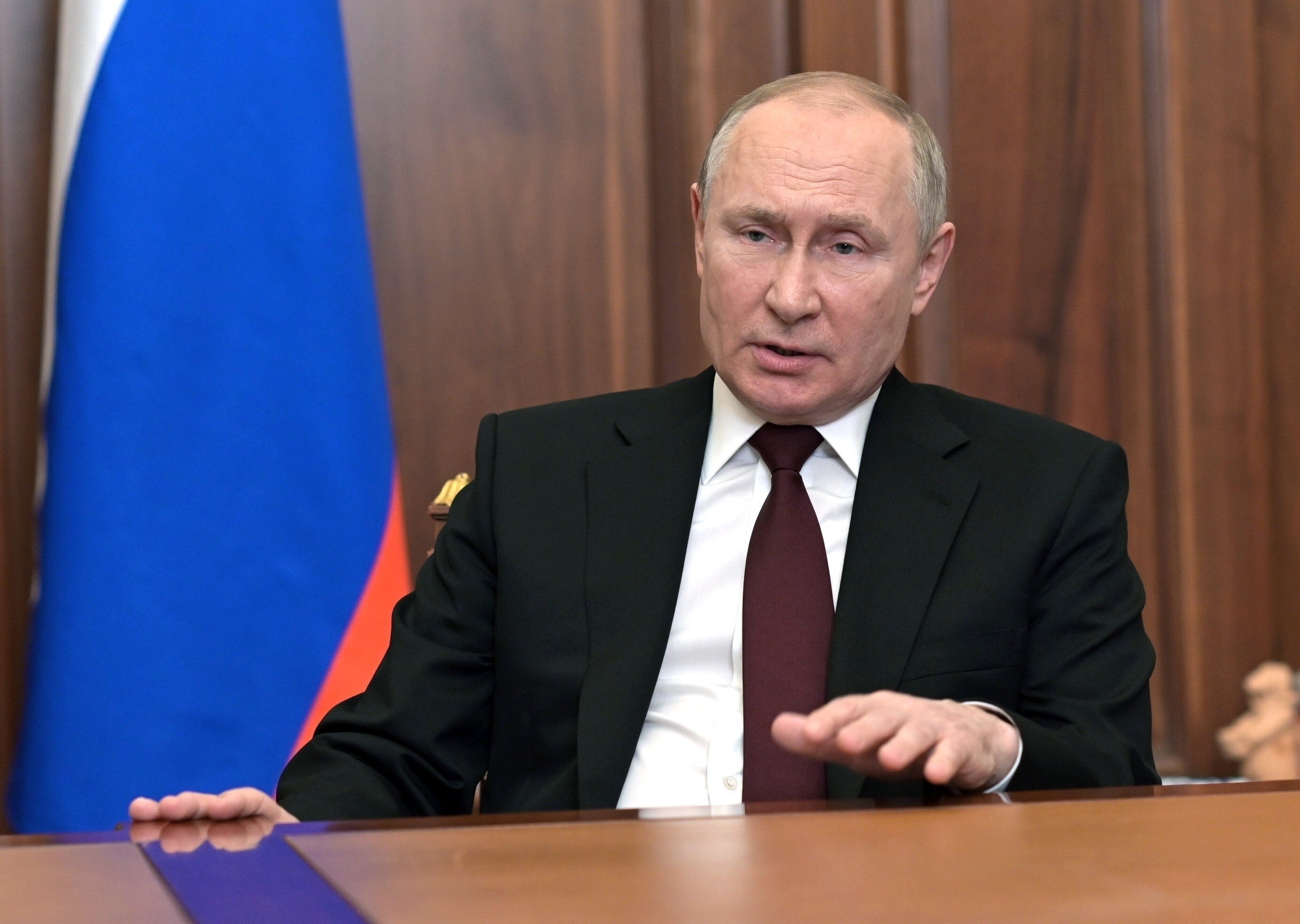 Russian President Vladimir Putin addresses the nation in the Kremlin in Moscow, Russia, Monday, February 21, 2022. Photo: Sputnik/Kremlin Pool via AP