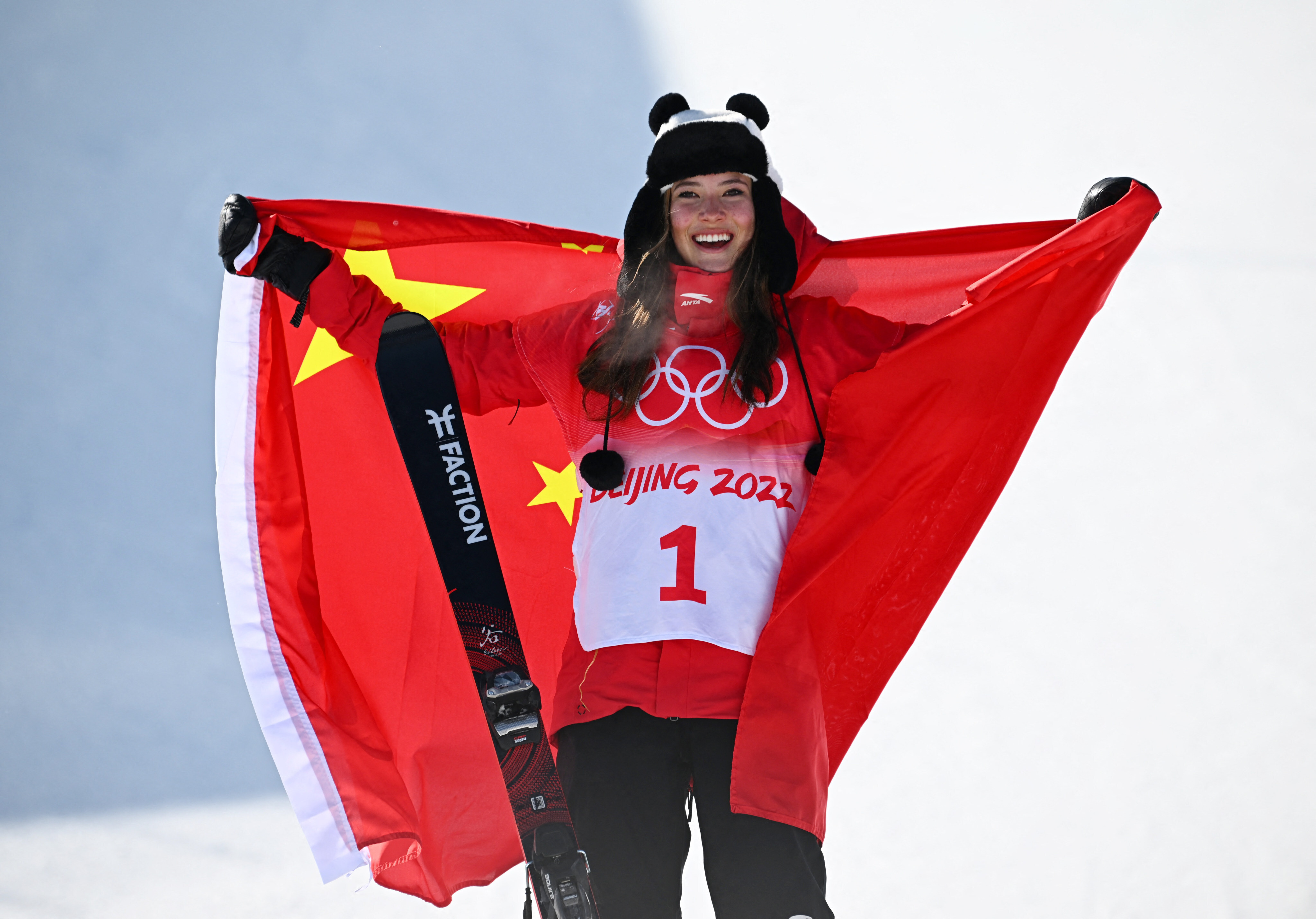 Eileen Gu celebrates after winning half-pipe gold in Beijing. Photo: Reuters
