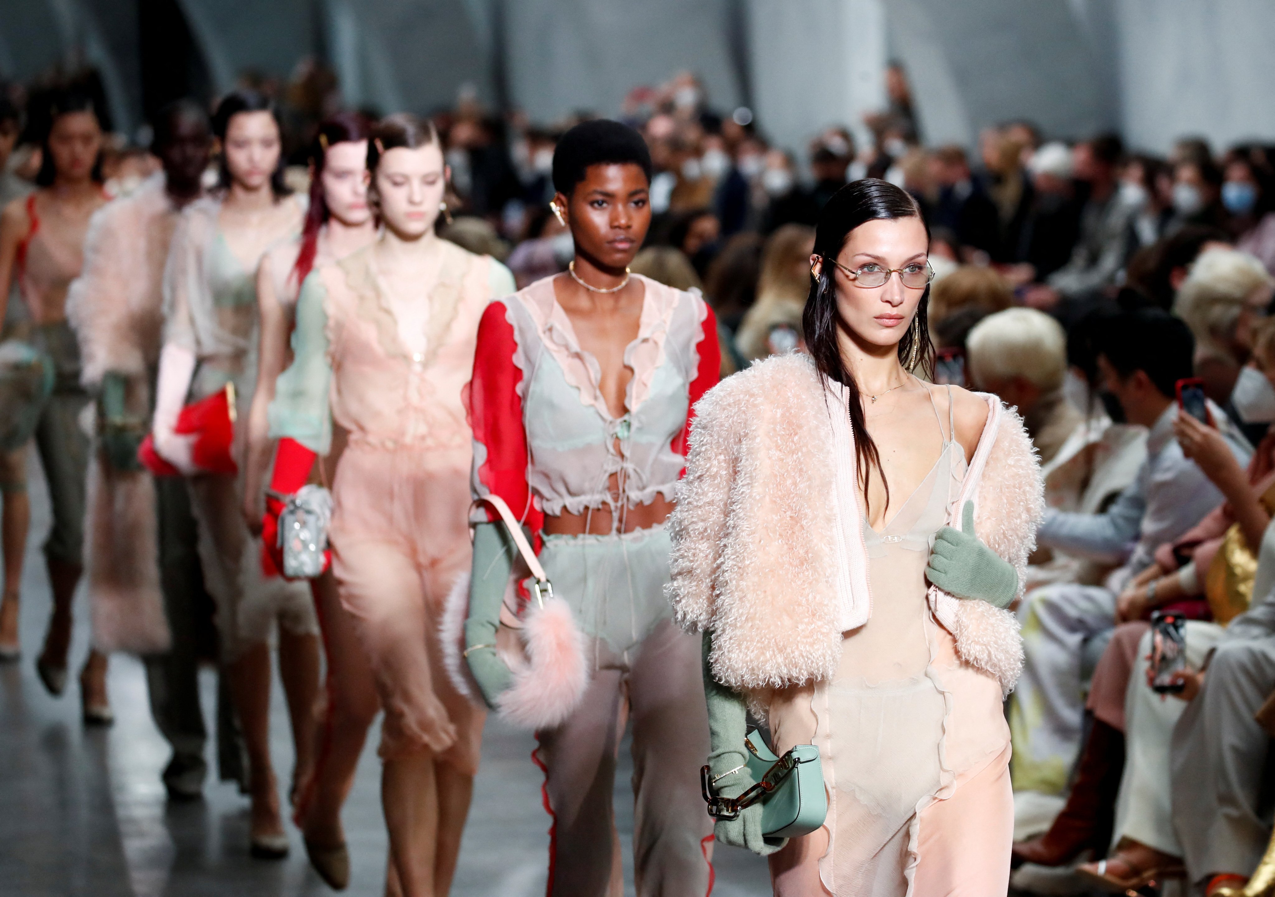 Models, including Bella Hadid, present creations from the Fendi autumn/winter 2022-2023 collection during Fashion Week in Milan, Italy, on February 23. Photo: Reuters