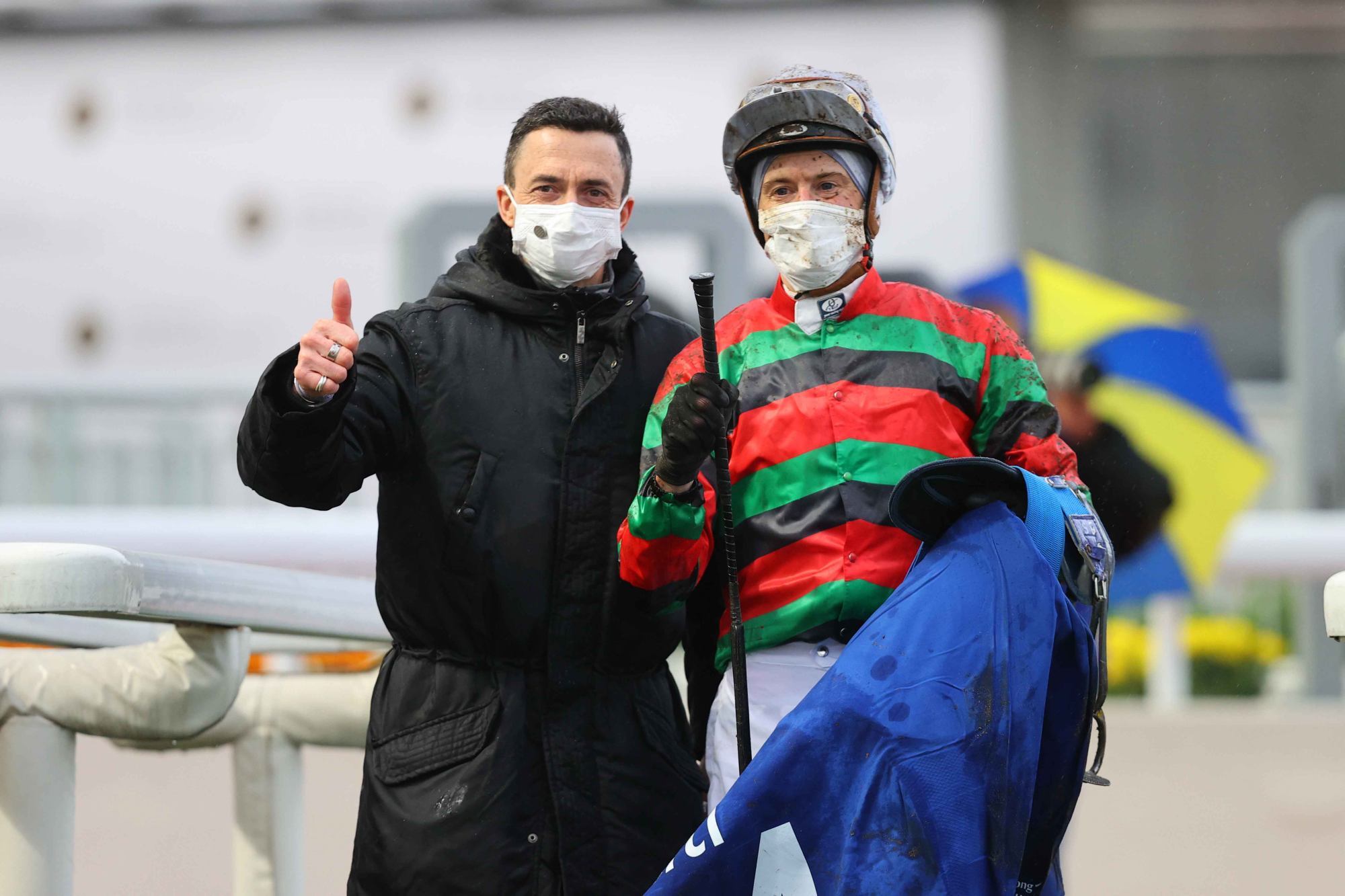 Trainer Douglas Whyte and jockey Blake Shinn soak up Russian Emperor’s victory. Photo: HKJC