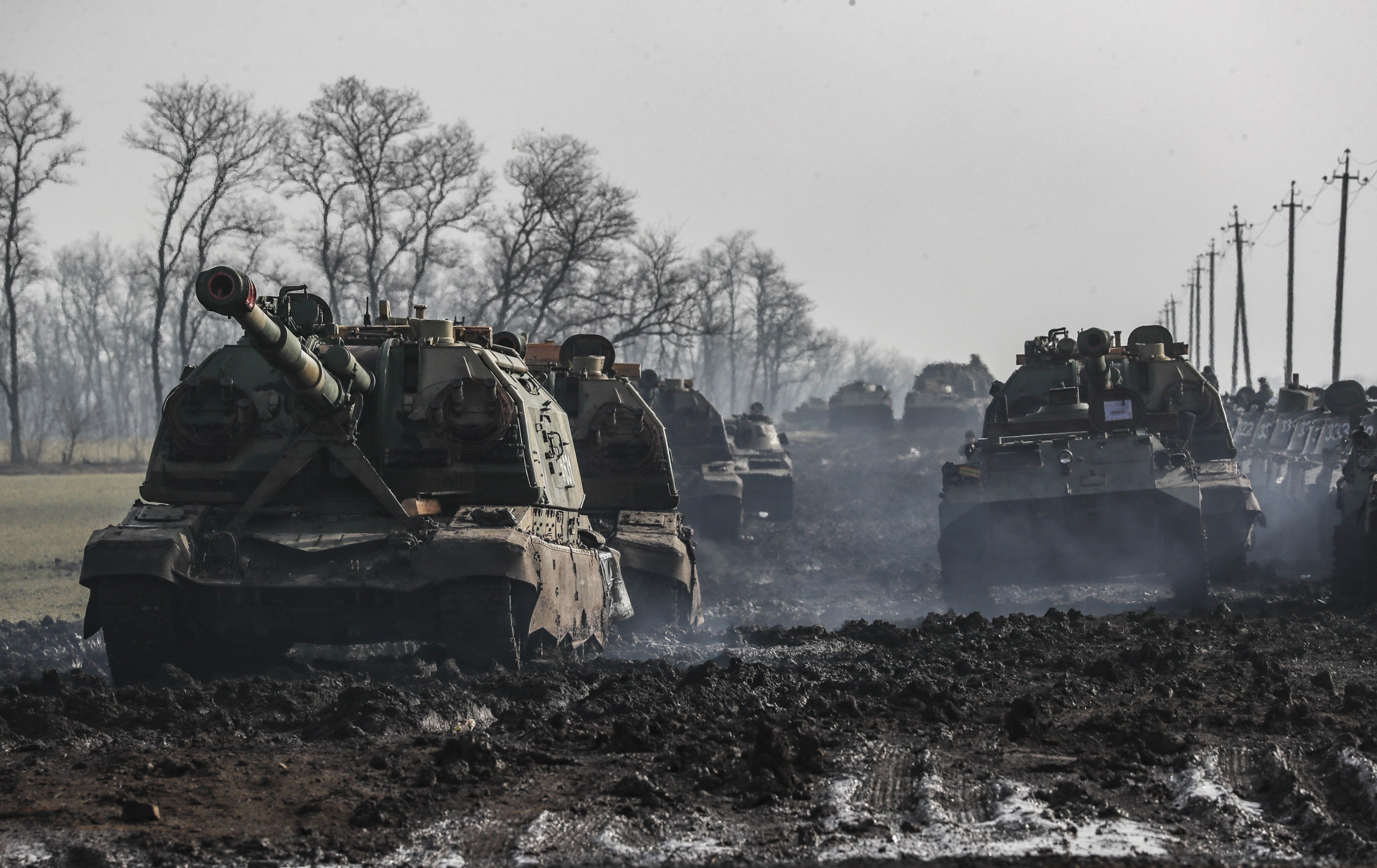 Russian armoured vehicles in the Rostov region, near to the border with Ukraine.  Photo: EPA