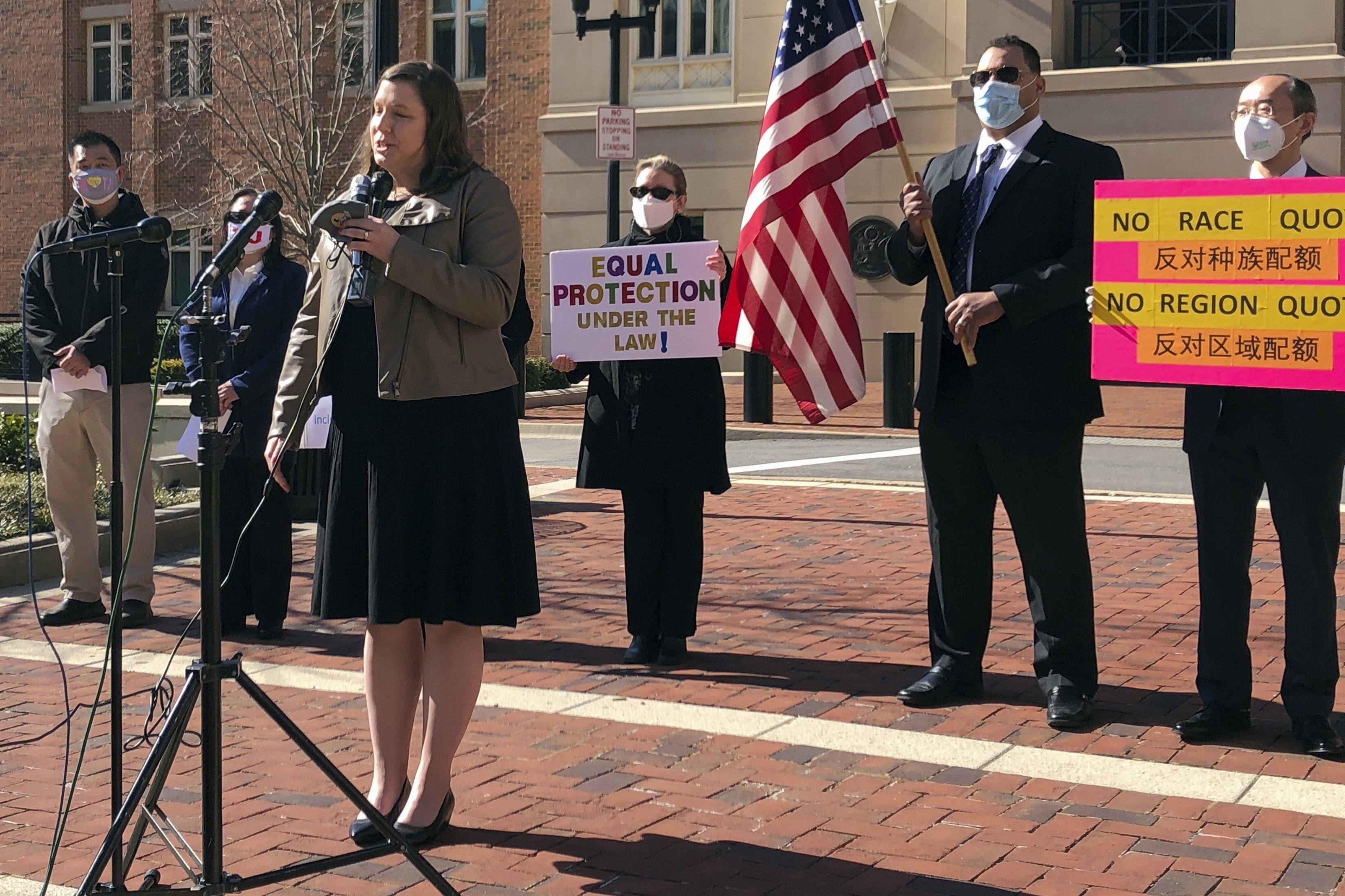Pacific Legal Foundation lawyer Erin Wilcox speaks outside the federal courthouse in Alexandria, Virginia, in March 2021. Her organisation has filed a lawsuit alleging discrimination against Asian-Americans over the revised admissions process for Thomas Jefferson High School for Science and Technology. Photo: AP