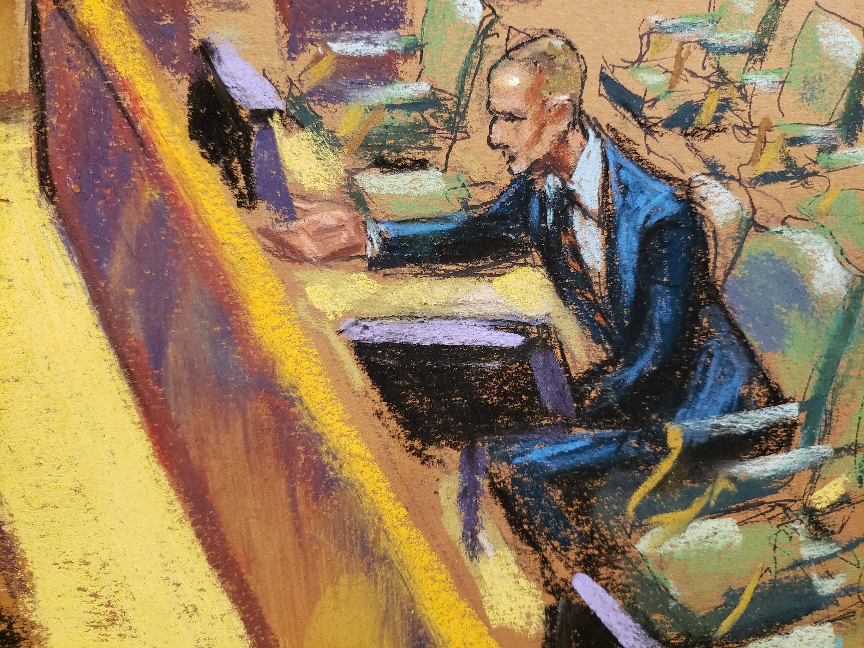 Witness Timothy Leissner points out former Goldman Sachs banker Roger Ng in Brooklyn federal court in New York in February. Courtroom sketch: Jane Rosenberg via Reuters