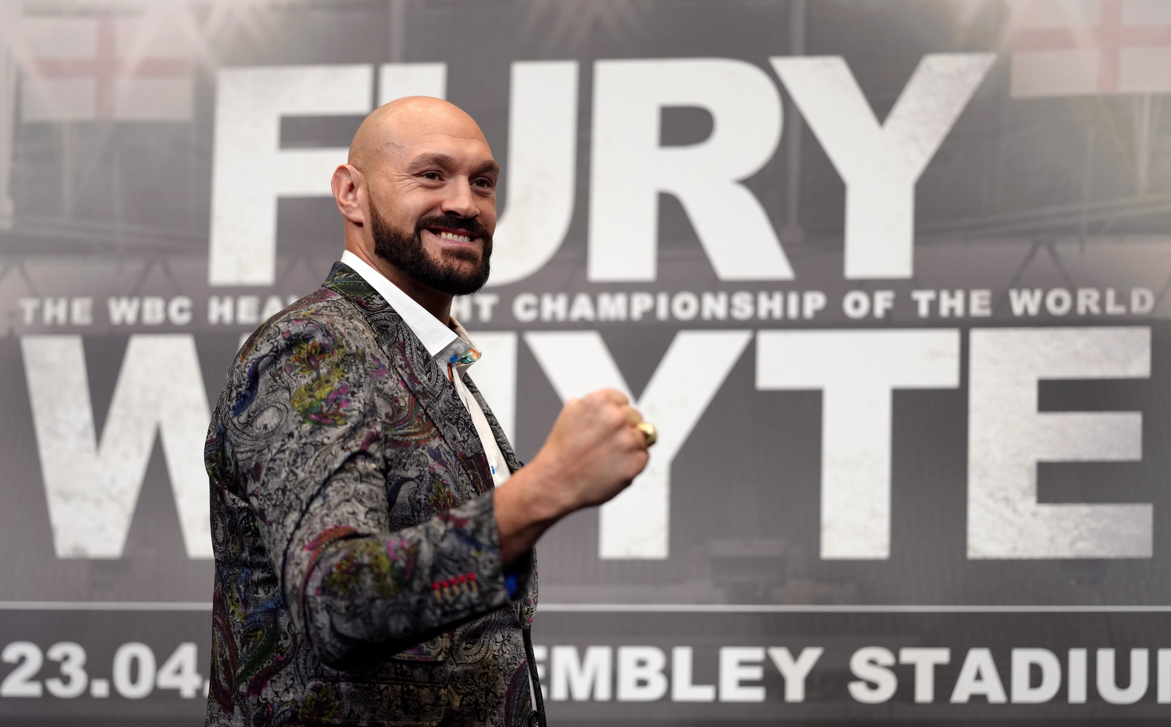 British boxer Tyson Fury attends a press conference at Wembley Stadium for his fight against Dillian Whyte – who no-showed the event. Photo: John Walton/PA Wire/dpa